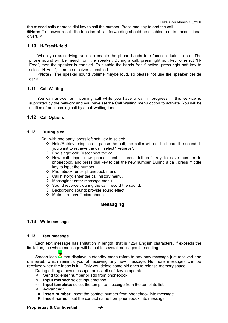 10 h-free/h-held, 11 call waiting, 12 call options | 1 during a call, Messaging, 13 write message, 1 text meaasge, 10 h-f, 11 c, Aiting | Verykool i625 User Manual | Page 15 / 35