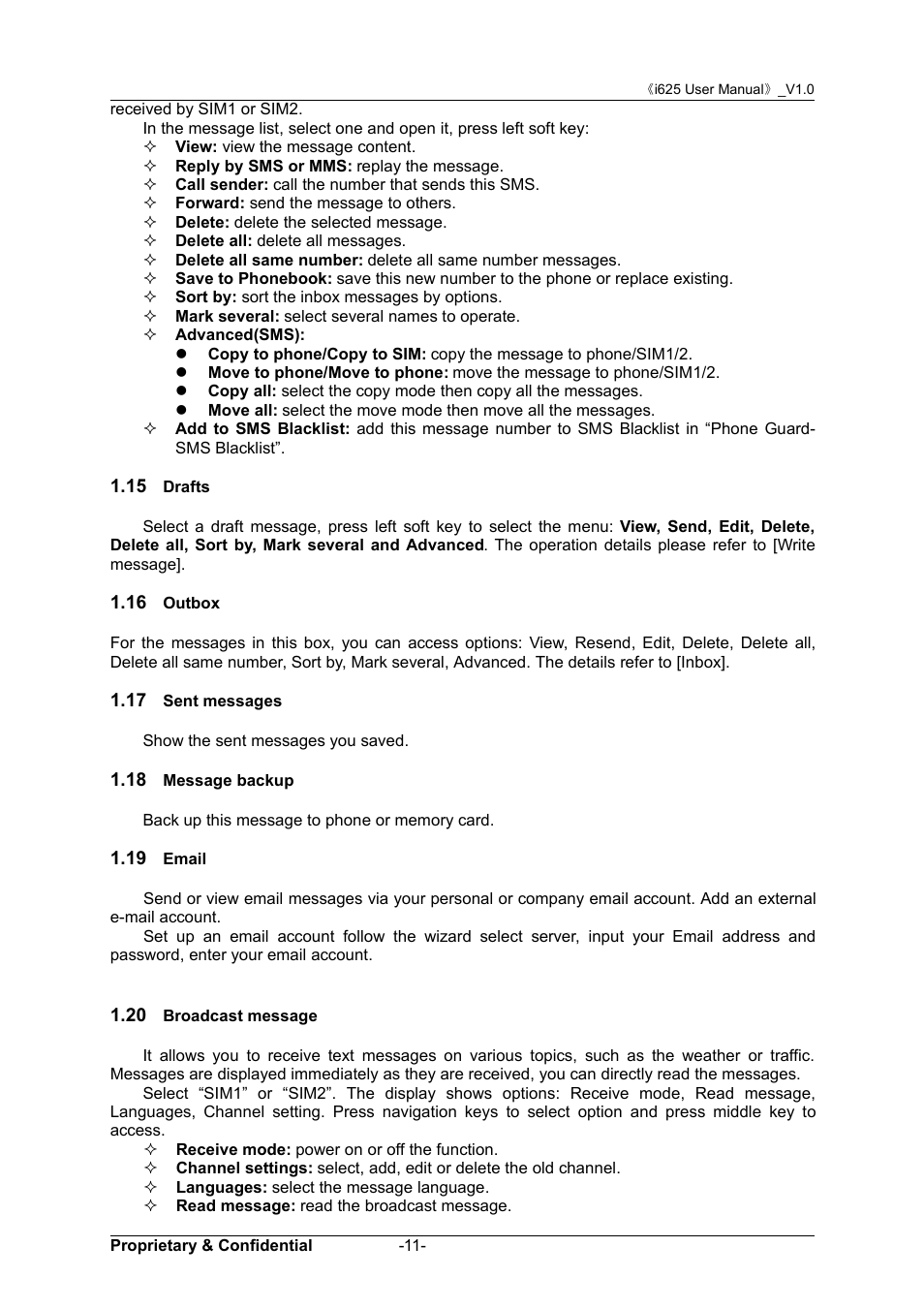 15 drafts, 16 outbox, 17 sent messages | 18 message backup, 19 email, 20 broadcast message, 15 d, Rafts, 16 o, Utbox | Verykool i625 User Manual | Page 17 / 35