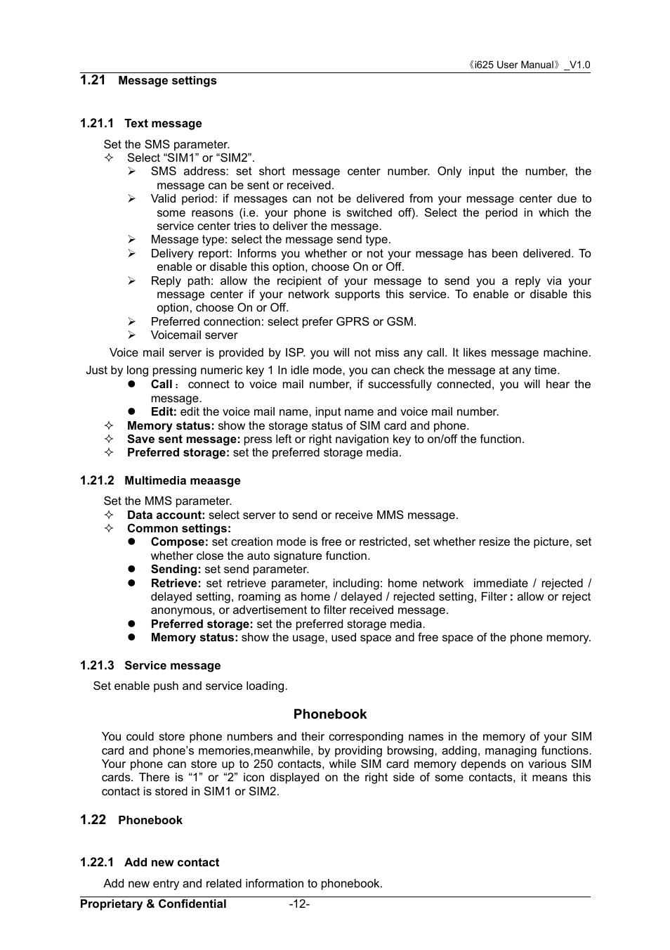 21 message settings, 1 text message, 2 multimedia meaasge | 3 service message, Phonebook, 22 phonebook, 1 add new contact, 21 m, Essage, Settings | Verykool i625 User Manual | Page 18 / 35