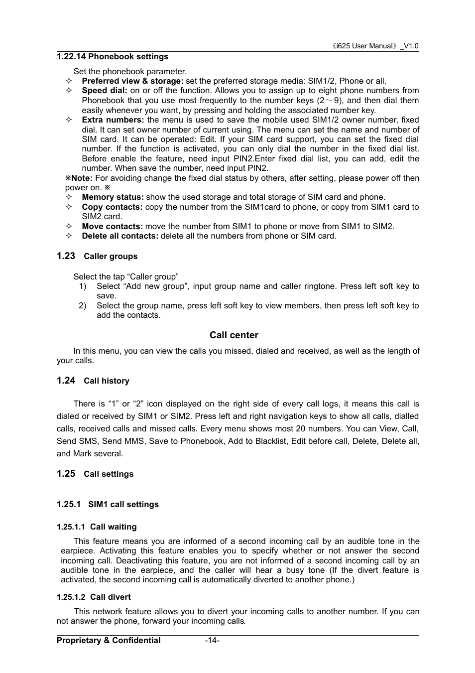 14 phonebook settings, 23 caller groups, Call center | 24 call history, 25 call settings, 1 sim1 call settings, 1 call waiting, 2 call divert, 23 c, Aller | Verykool i625 User Manual | Page 20 / 35