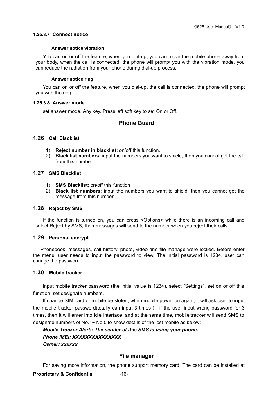 7 connect notice, Answer notice vibration, Answer notice ring | 8 answer mode, Phone guard, 26 call blacklist, 27 sms blacklist, 28 reject by sms, 29 personal encrypt, 30 mobile tracker | Verykool i625 User Manual | Page 22 / 35