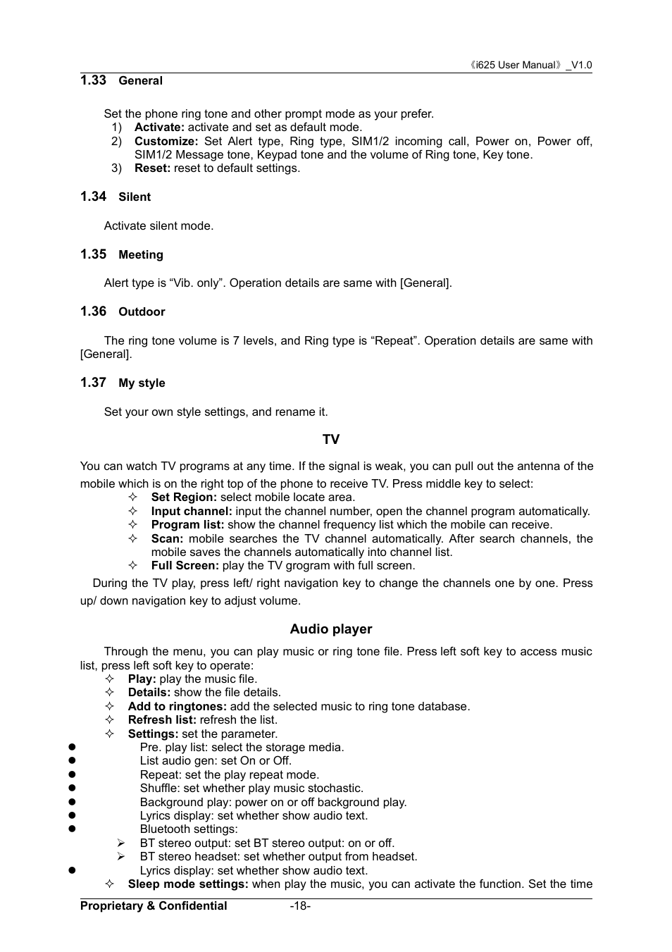 33 general, 34 silent, 35 meeting | 36 outdoor, 37 my style, Audio player, 33 g, Eneral, 34 s, Ilent | Verykool i625 User Manual | Page 24 / 35