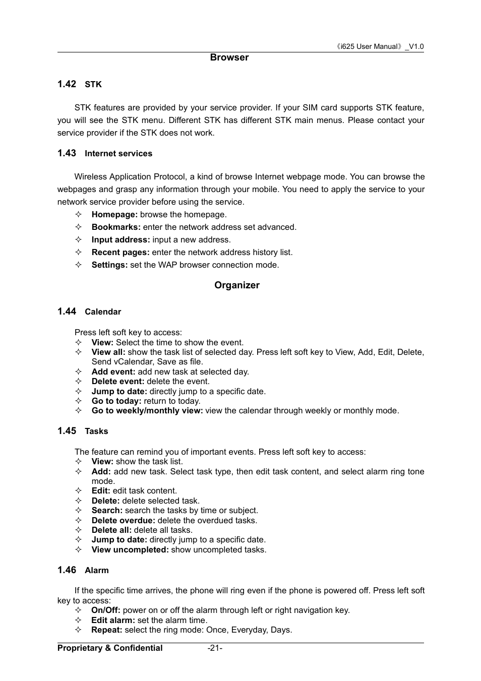 Browser, 42 stk, 43 internet services | Organizer, 44 calendar, 45 tasks, 46 alarm, 43 i, Nternet, Services | Verykool i625 User Manual | Page 27 / 35