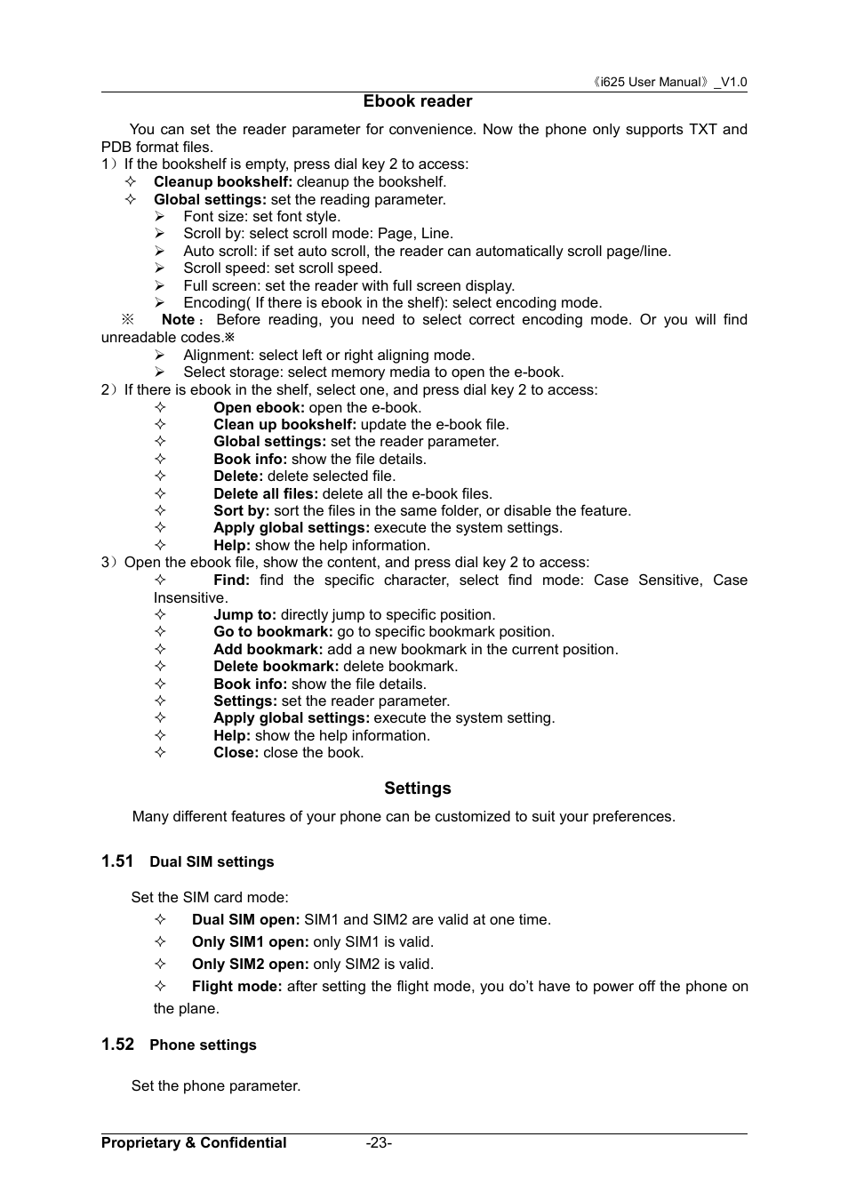 Ebook reader, Settings, 51 dual sim settings | 52 phone settings, 51 d, 52 p, Hone | Verykool i625 User Manual | Page 29 / 35