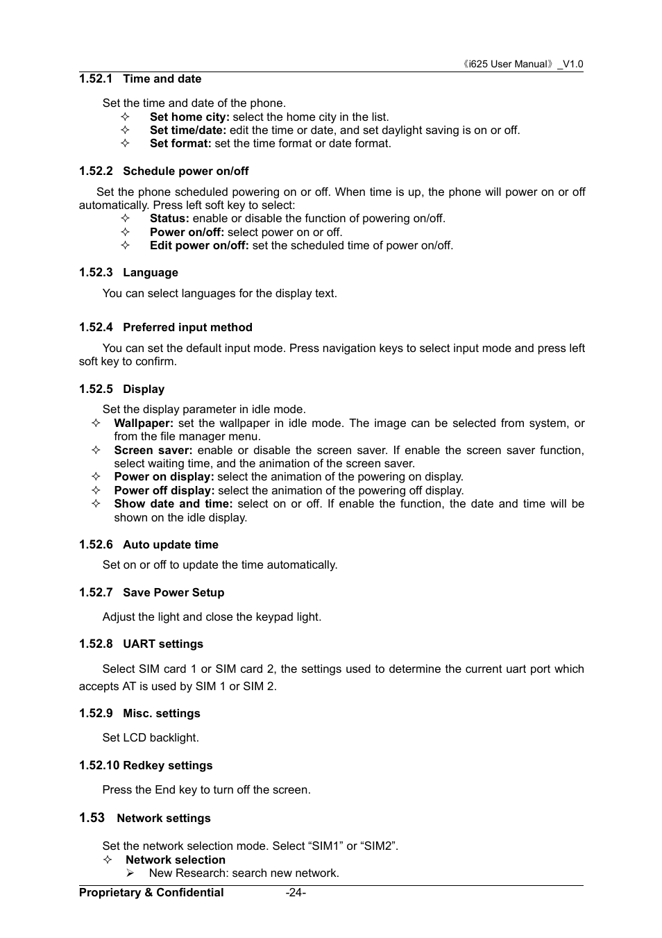 1 time and date, 2 schedule power on/off, 3 language | 4 preferred input method, 5 display, 6 auto update time, 7 save power setup, 8 uart settings, 9 misc. settings, 10 redkey settings | Verykool i625 User Manual | Page 30 / 35