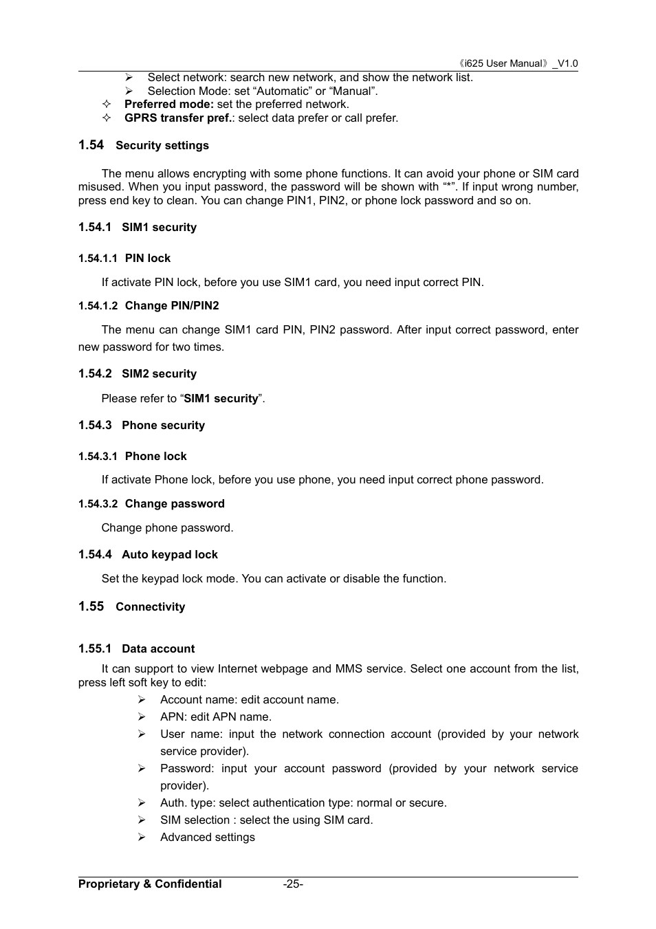 54 security settings, 1 sim1 security, 1 pin lock | 2 change pin/pin2, 2 sim2 security, 3 phone security, 1 phone lock, 2 change password, 4 auto keypad lock, 55 connectivity | Verykool i625 User Manual | Page 31 / 35