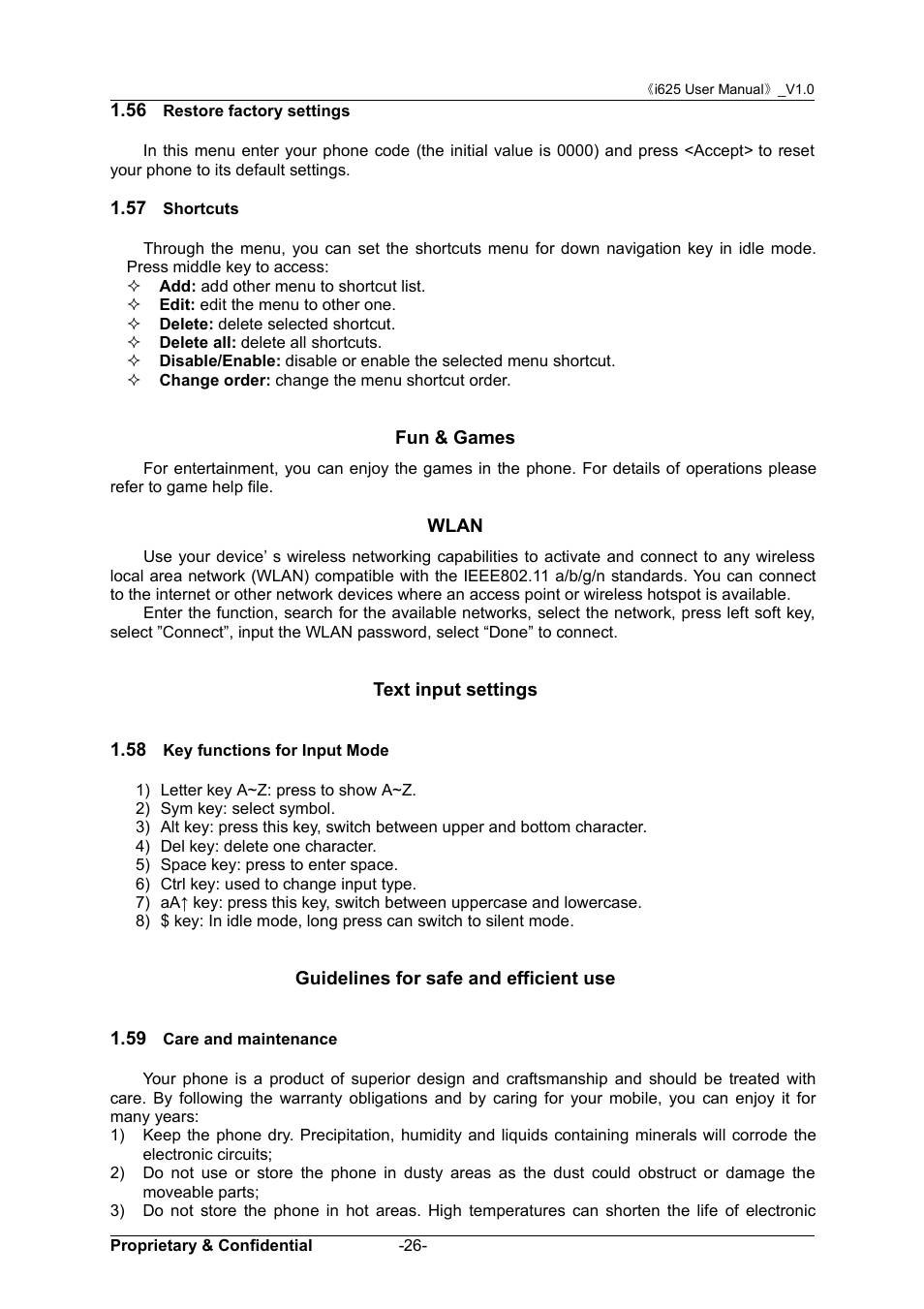 56 restore factory settings, 57 shortcuts, Fun & games | Wlan, Text input settings, 58 key functions for input mode, Guidelines for safe and efficient use, 59 care and maintenance, 56 r, Estore | Verykool i625 User Manual | Page 32 / 35