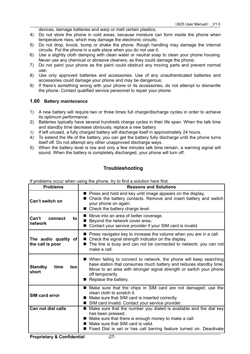 60 battery maintenance, Troubleshooting, 60 b | Attery, Maintenance | Verykool i625 User Manual | Page 33 / 35