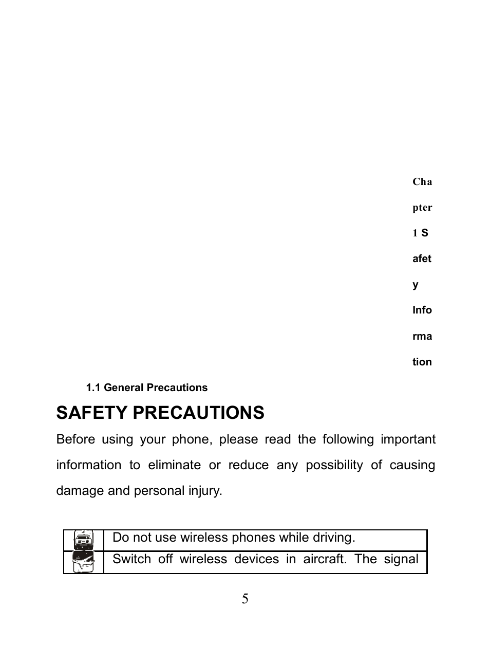 Chapter 1 safety information, 1 general precautions, Eneral | Recautions, Safety precautions | Verykool i650 User Manual | Page 5 / 57