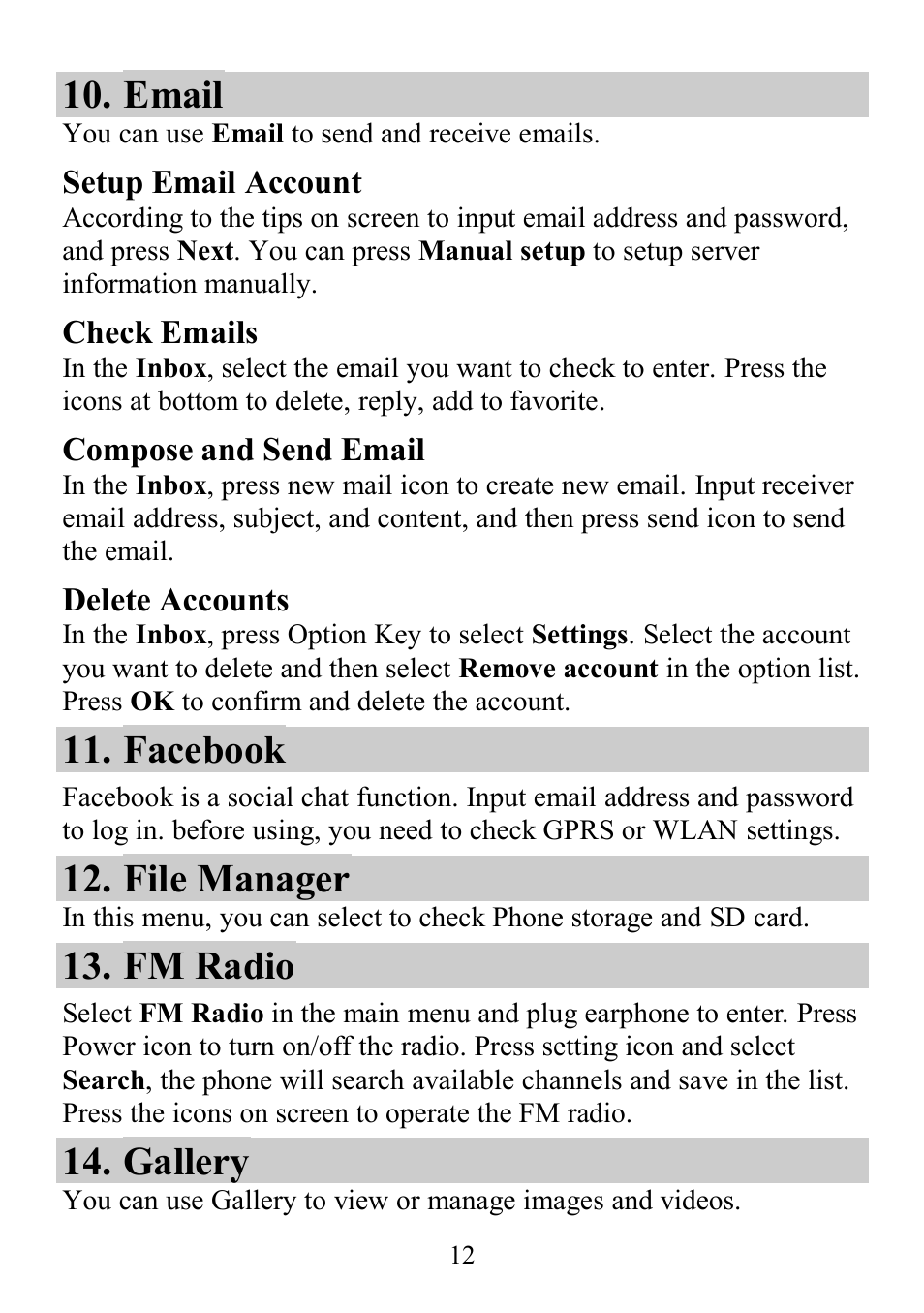 Email, Facebook, File manager | Fm radio, Gallery | Verykool RX2 User Manual | Page 12 / 22