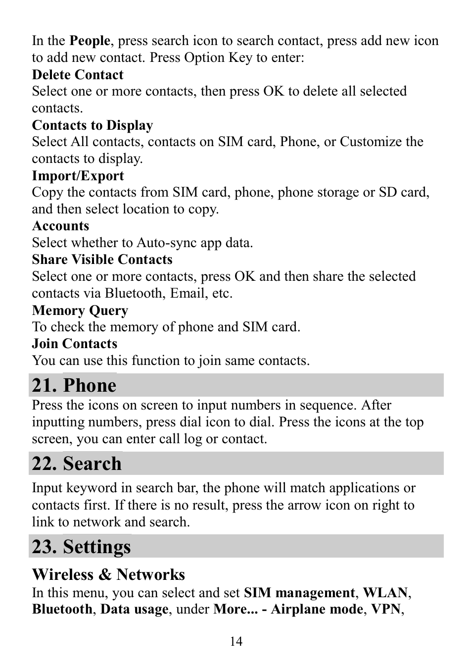 Phone, Search, Settings | Verykool RX2 User Manual | Page 14 / 22