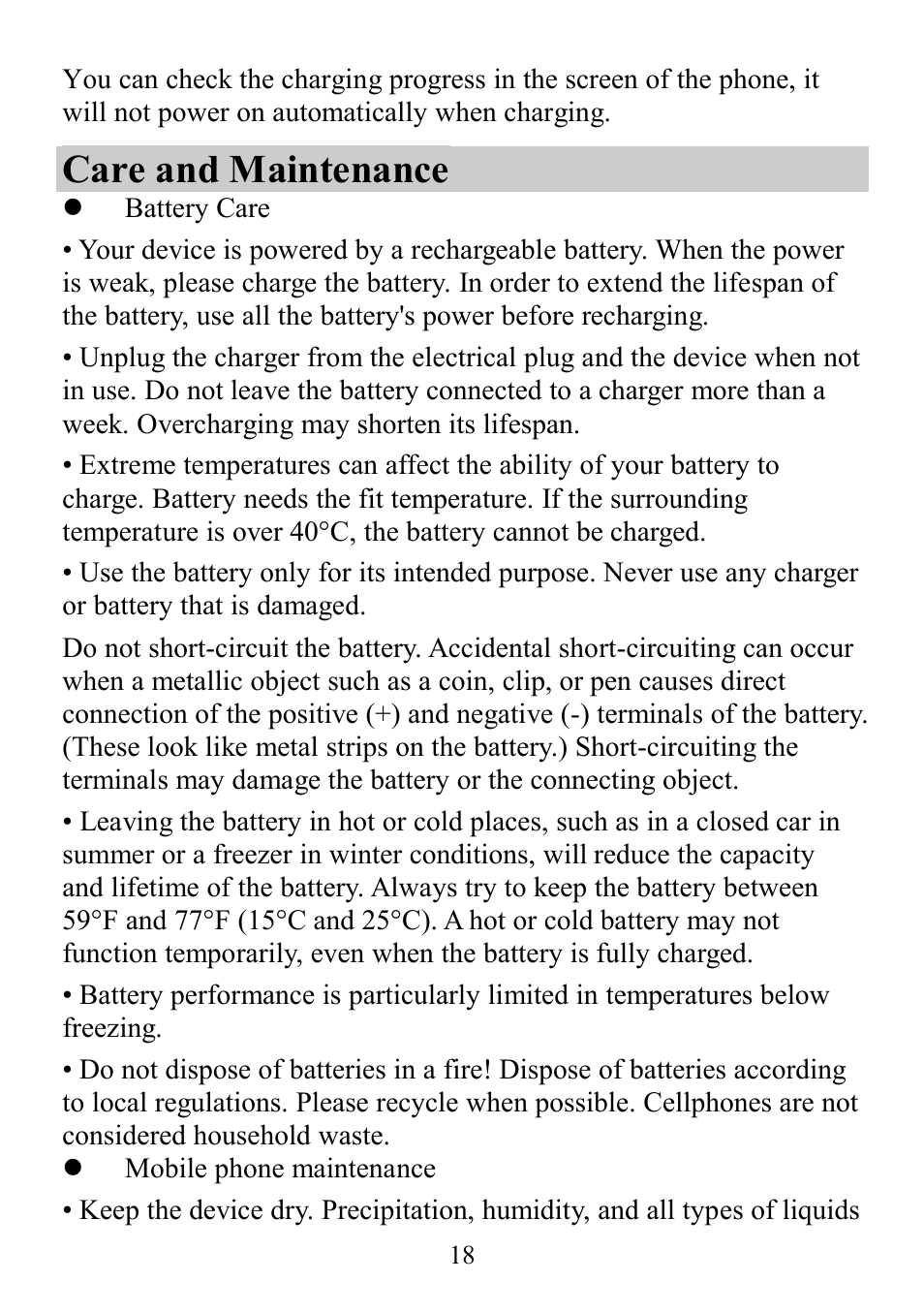 Care and maintenance | Verykool RX2 User Manual | Page 18 / 22