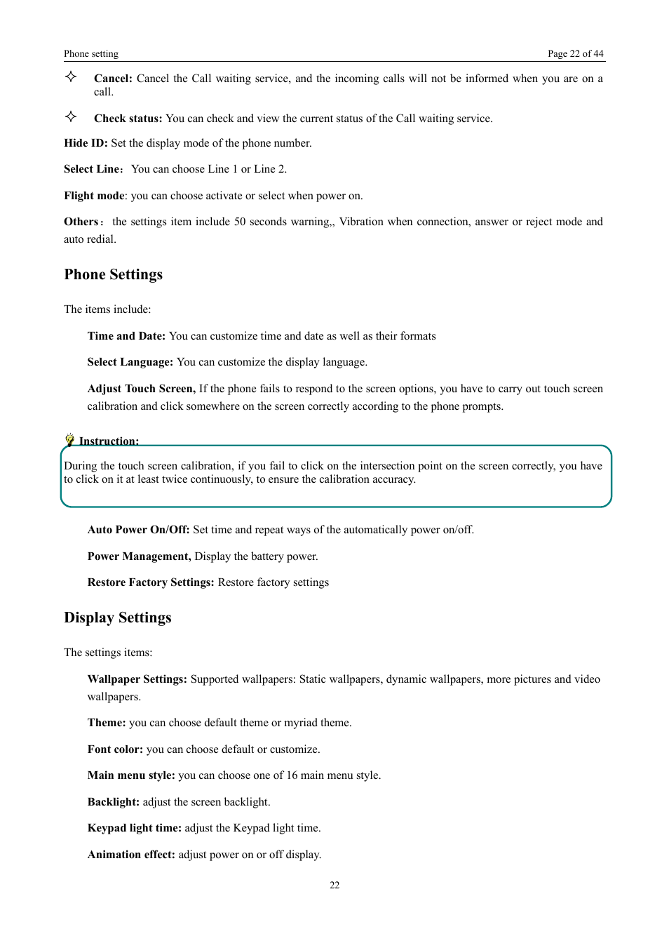 Restore factory settings: restore factory settings, Phone settings, Display settings | Verykool i672 User Manual | Page 20 / 37