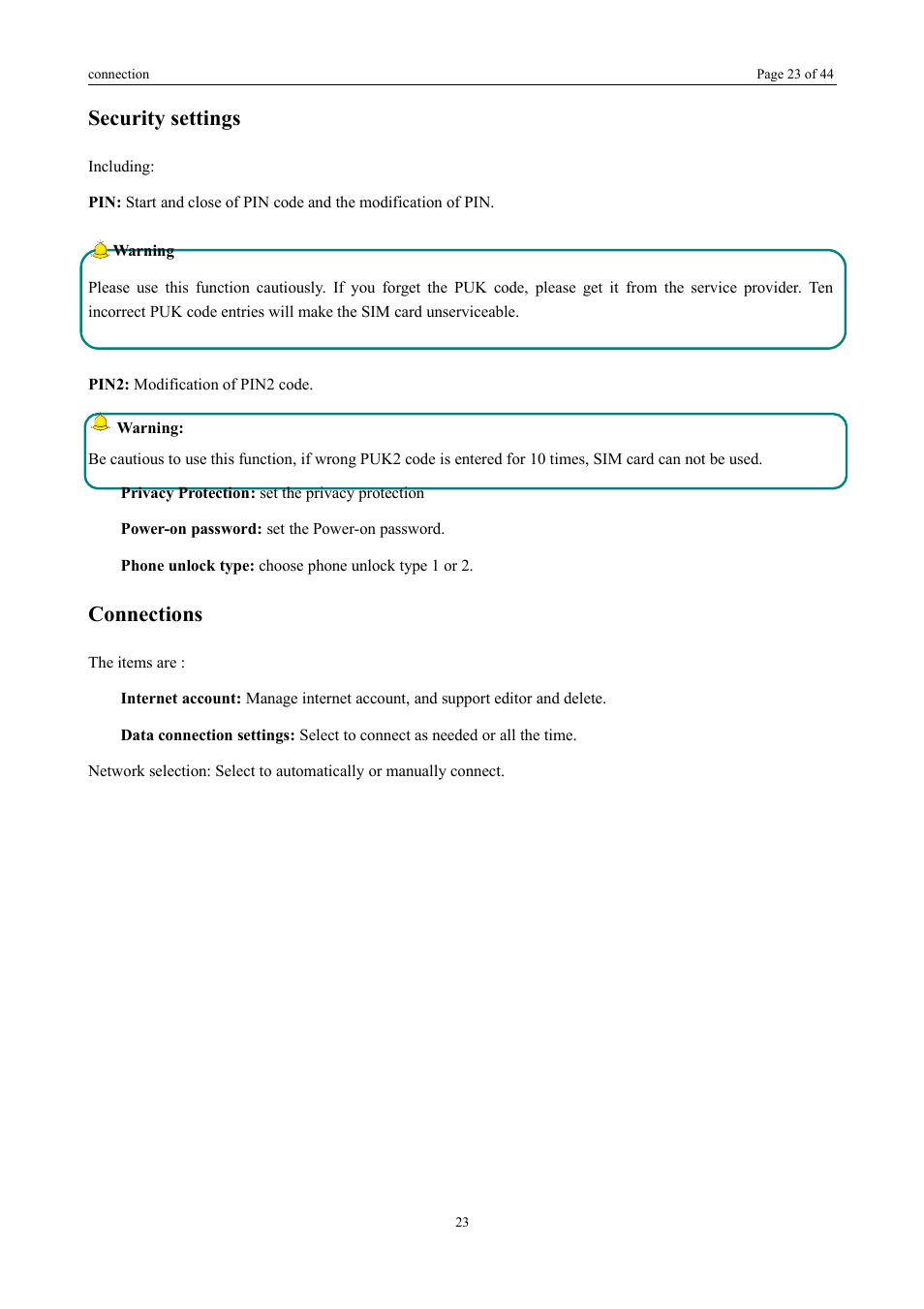 Security settings, Connections | Verykool i672 User Manual | Page 21 / 37