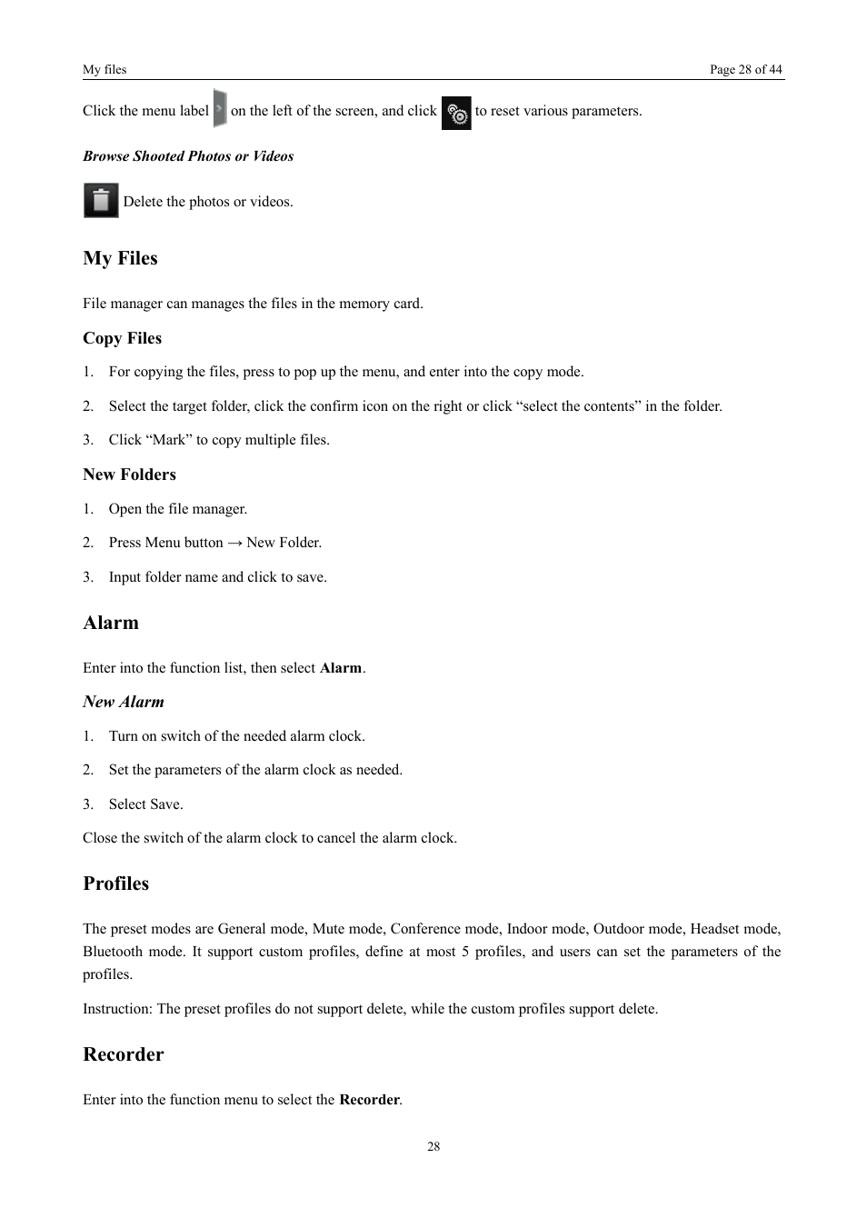 My files, Alarm, Profiles | Recorder | Verykool i672 User Manual | Page 25 / 37