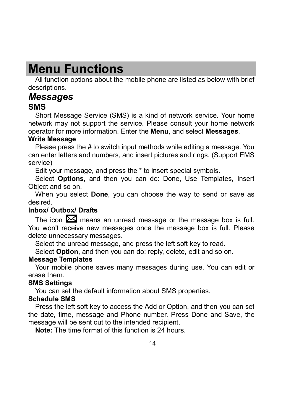 Menu functions, Messages | Verykool i705 User Manual | Page 16 / 42