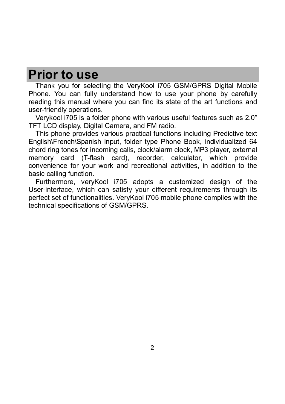 Prior to use | Verykool i705 User Manual | Page 4 / 42