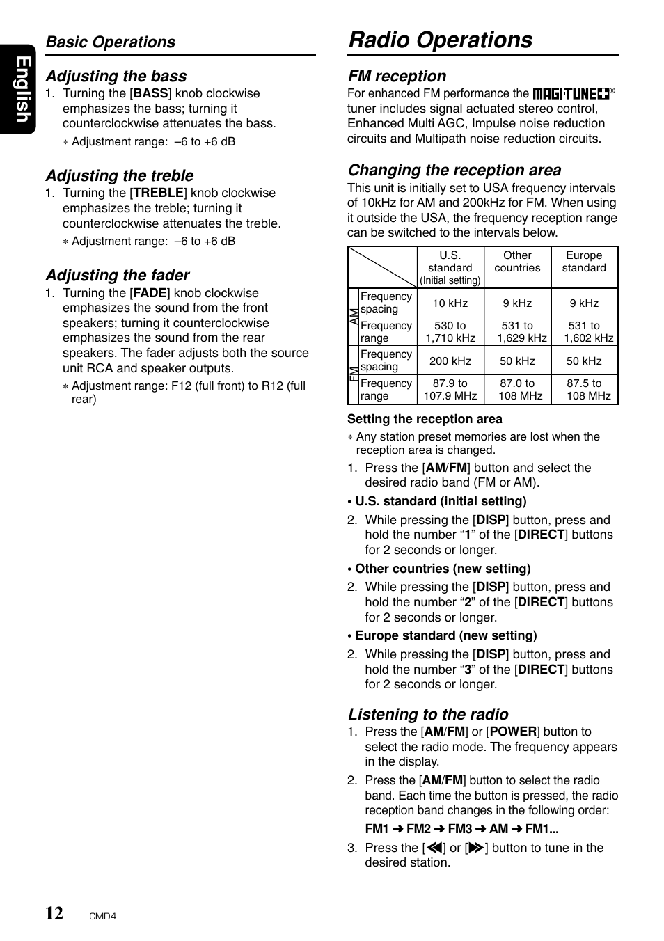 Radio operations, English, Fm reception | Changing the reception area, Listening to the radio, Adjusting the bass, Adjusting the treble, Adjusting the fader, Basic operations | Clarion CMD4 User Manual | Page 10 / 73