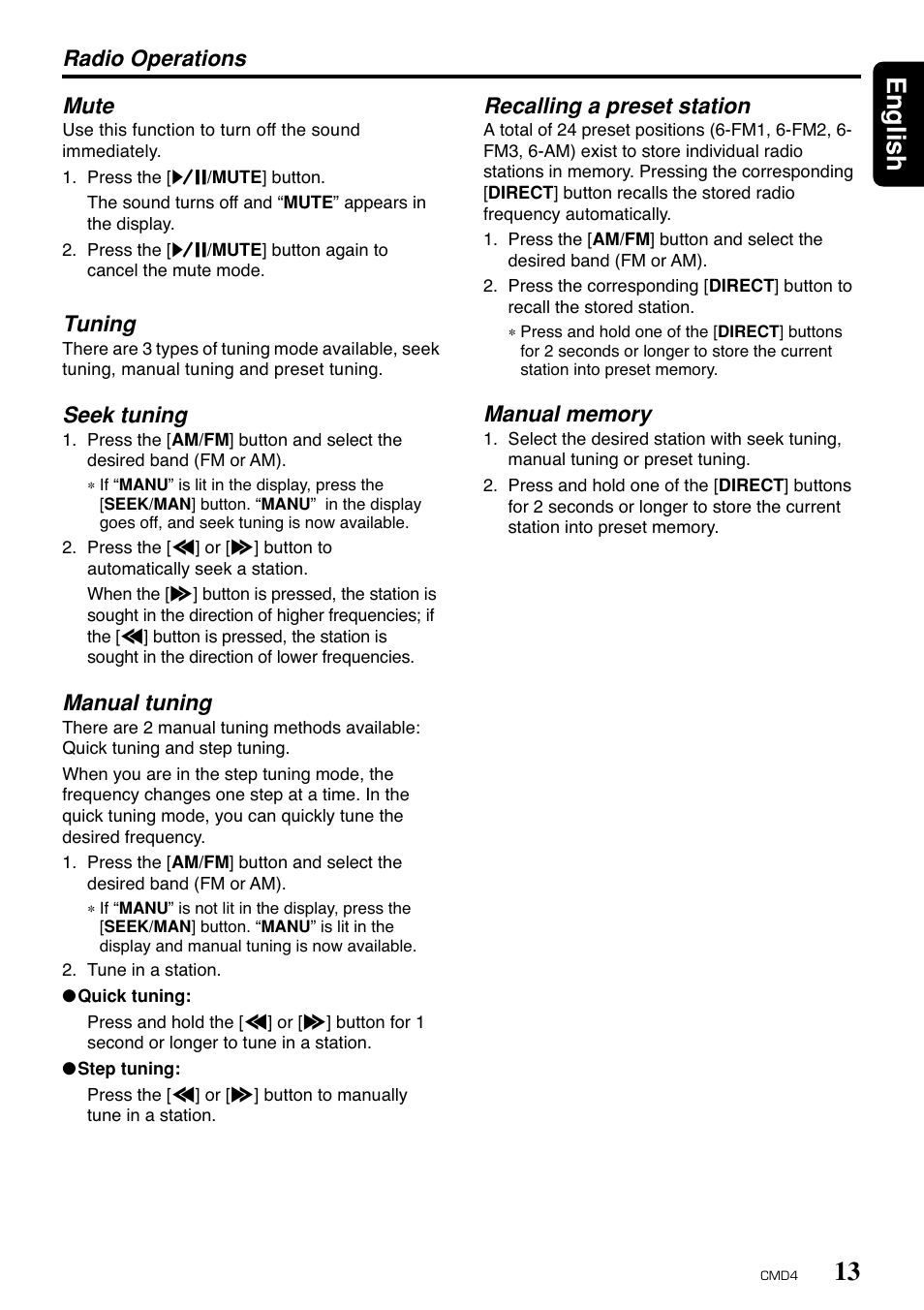 13 english, Radio operations mute, Tuning | Seek tuning, Manual tuning, Recalling a preset station | Clarion CMD4 User Manual | Page 11 / 73