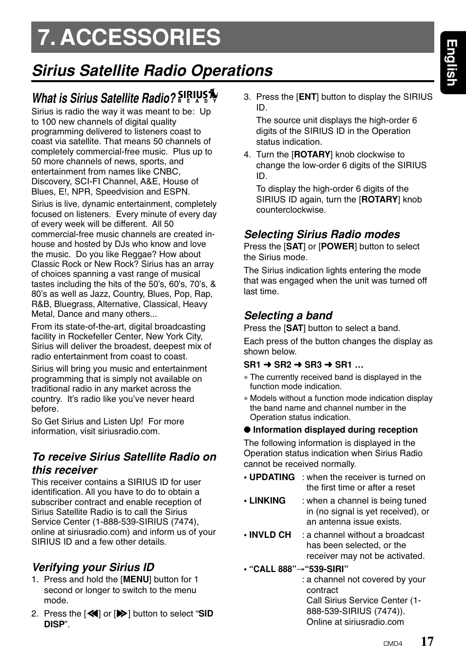 Accessories, Sirius satellite radio operations, 17 english | What is sirius satellite radio, Verifying your sirius id, Selecting sirius radio modes, Selecting a band | Clarion CMD4 User Manual | Page 15 / 73