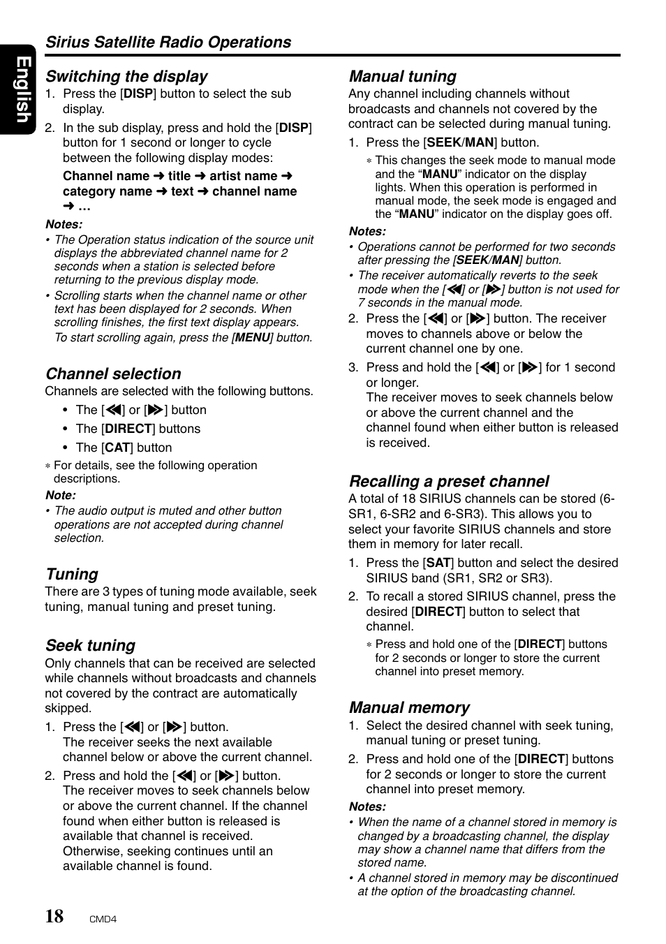 English, Switching the display, Channel selection | Tuning, Seek tuning, Sirius satellite radio operations manual tuning, Recalling a preset channel | Clarion CMD4 User Manual | Page 16 / 73