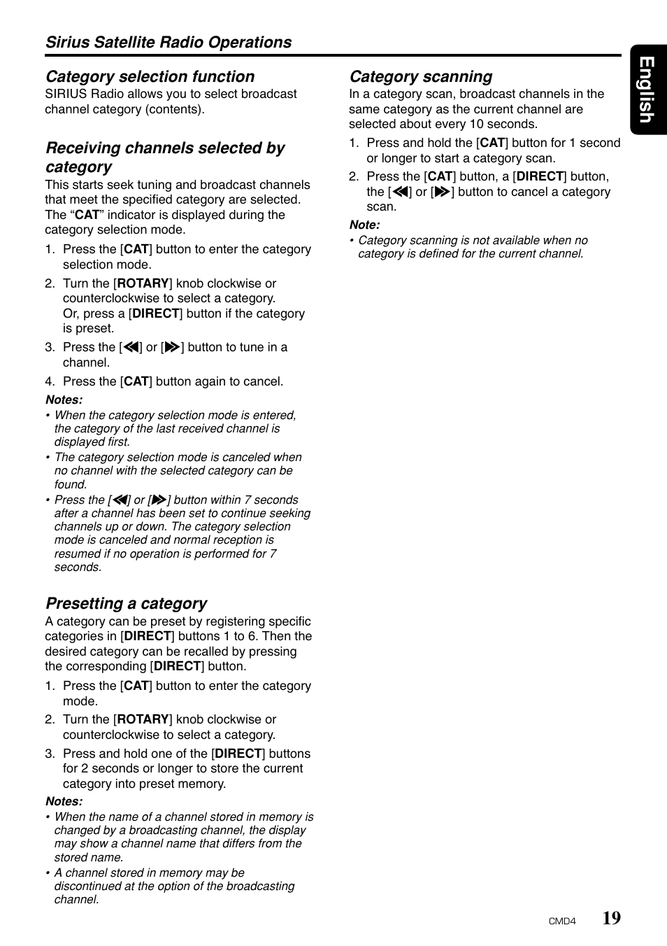 19 english, Receiving channels selected by category, Presetting a category | Category scanning | Clarion CMD4 User Manual | Page 17 / 73