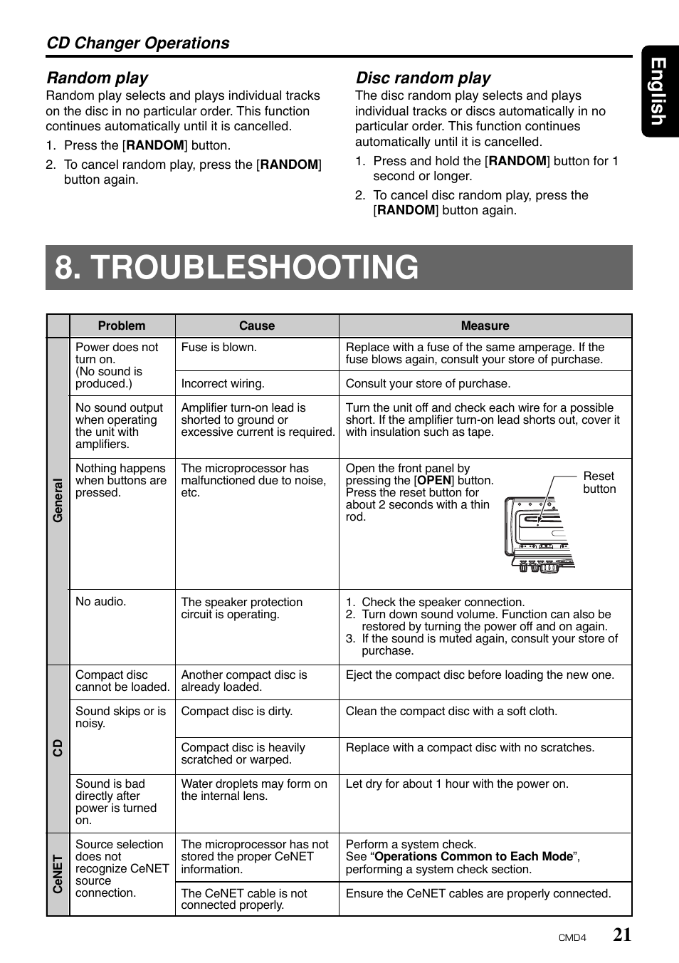 Troubleshooting, 21 english, Cd changer operations random play | Disc random play | Clarion CMD4 User Manual | Page 19 / 73
