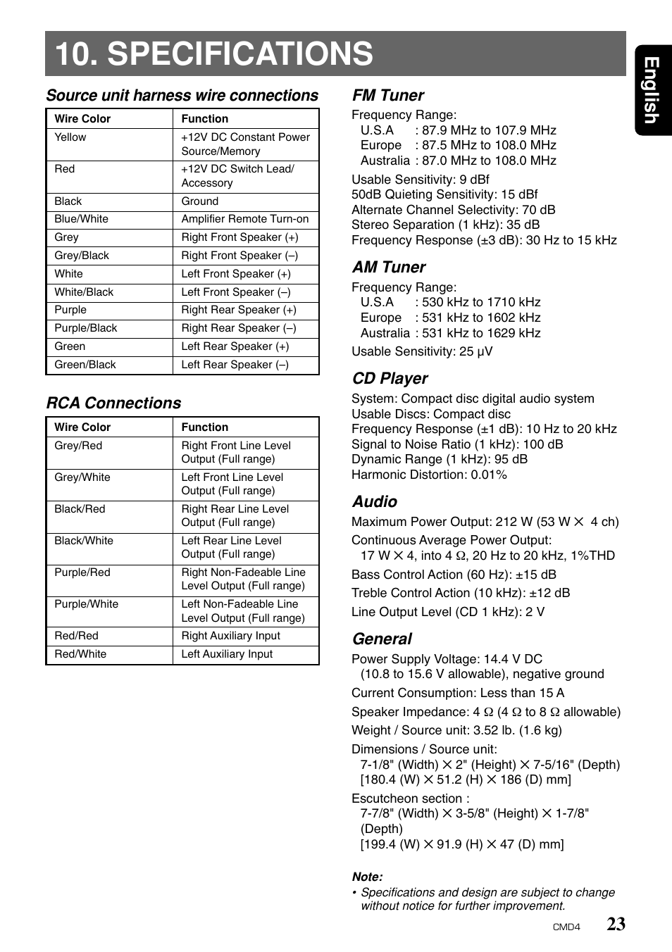 Specifications, 23 english, Fm tuner | Am tuner, Cd player, Audio, General | Clarion CMD4 User Manual | Page 21 / 73