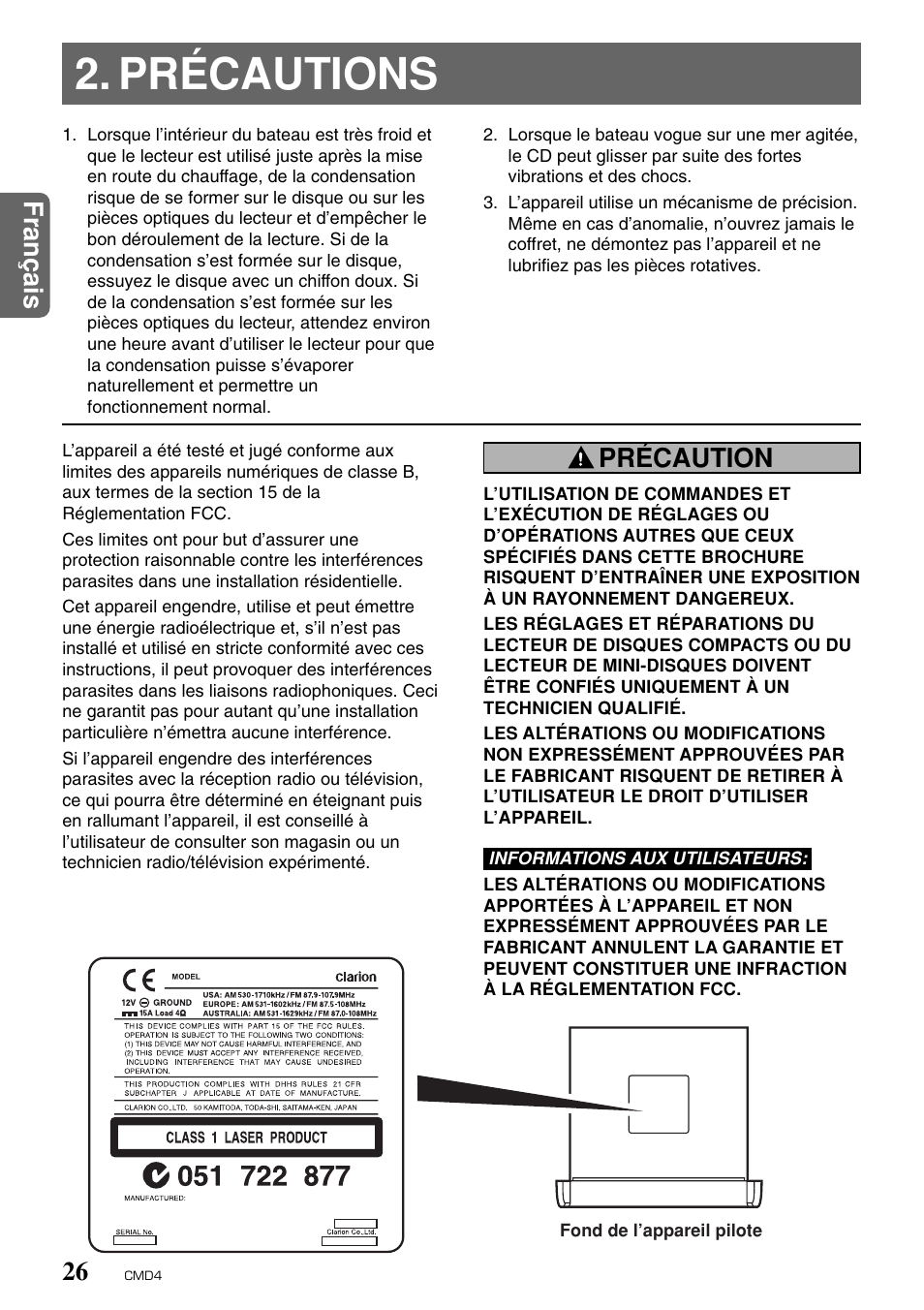 Précautions, Fran ç ais 26, Précaution | Clarion CMD4 User Manual | Page 26 / 73