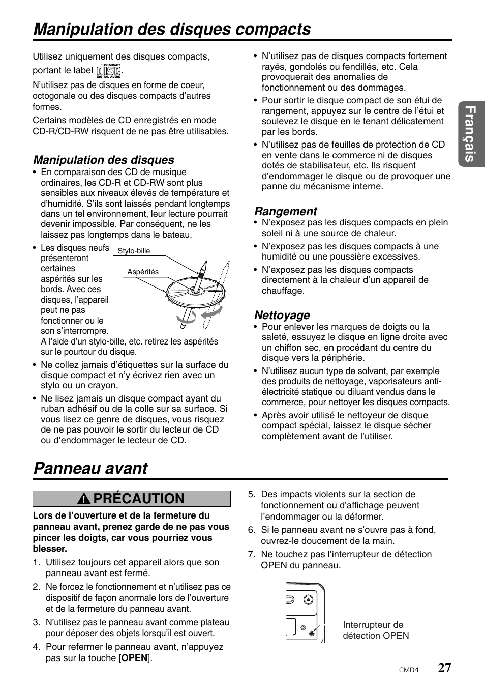 Manipulation des disques compacts, Panneau avant, Fran ç ais | Précaution, Manipulation des disques, Rangement, Nettoyage | Clarion CMD4 User Manual | Page 27 / 73