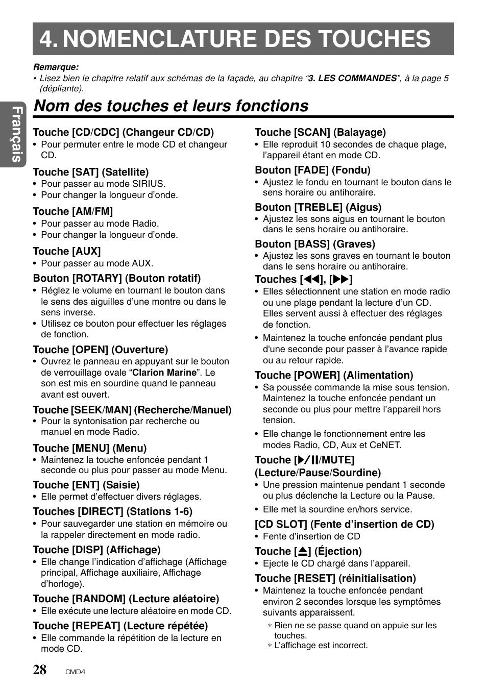 Nomenclature des touches, Nom des touches et leurs fonctions, Fran ç ais 28 | Clarion CMD4 User Manual | Page 29 / 73