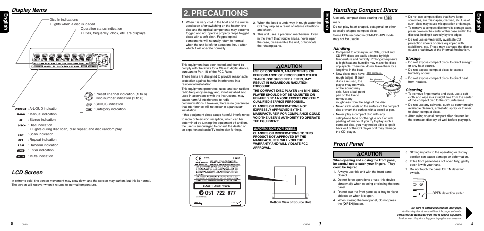 Precautions, Handling compact discs, Front panel | Lcd screen, Display items, English, English 8, Caution | Clarion CMD4 User Manual | Page 3 / 73