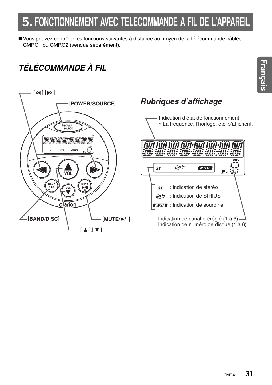 Fran ç ais, Rubriques d’affichage, Télécommande à fil | Clarion CMD4 User Manual | Page 32 / 73