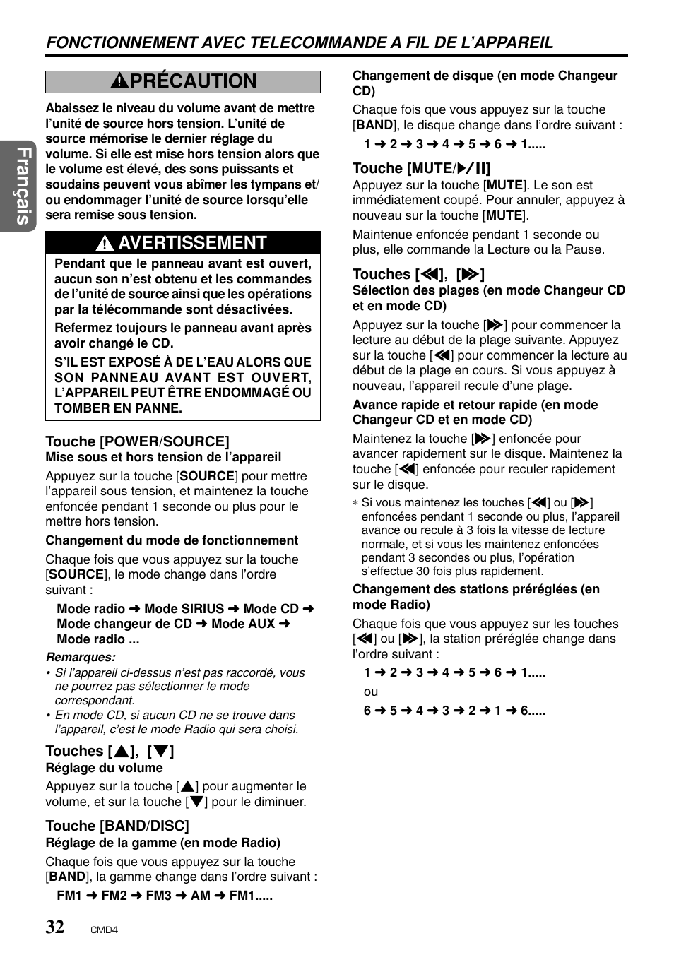 Fran ç ais 32, Précaution, Avertissement | Clarion CMD4 User Manual | Page 33 / 73