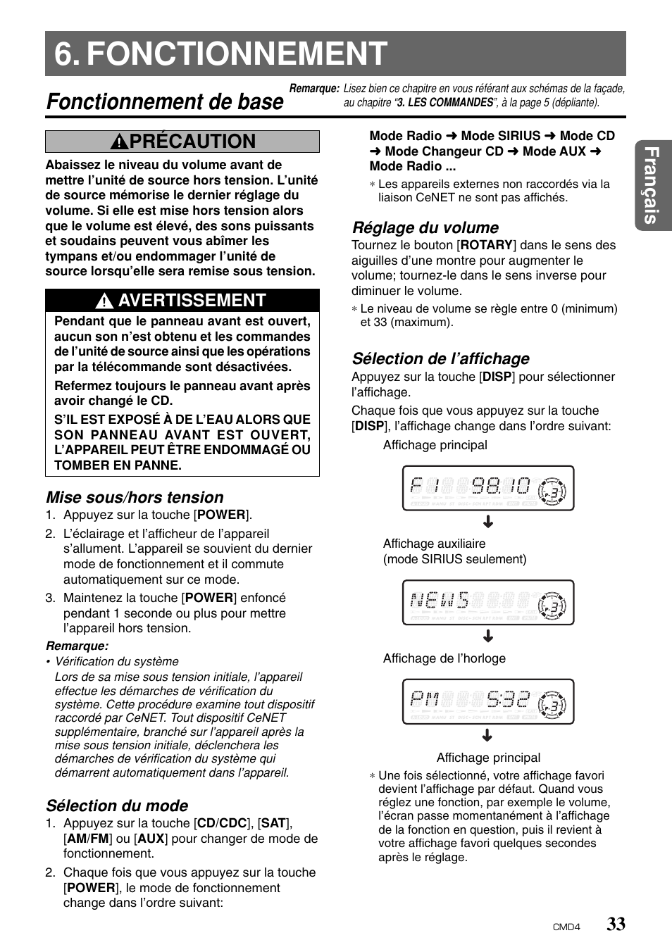 Fonctionnement, Fonctionnement de base, Fran ç ais | Précaution, Avertissement | Clarion CMD4 User Manual | Page 34 / 73