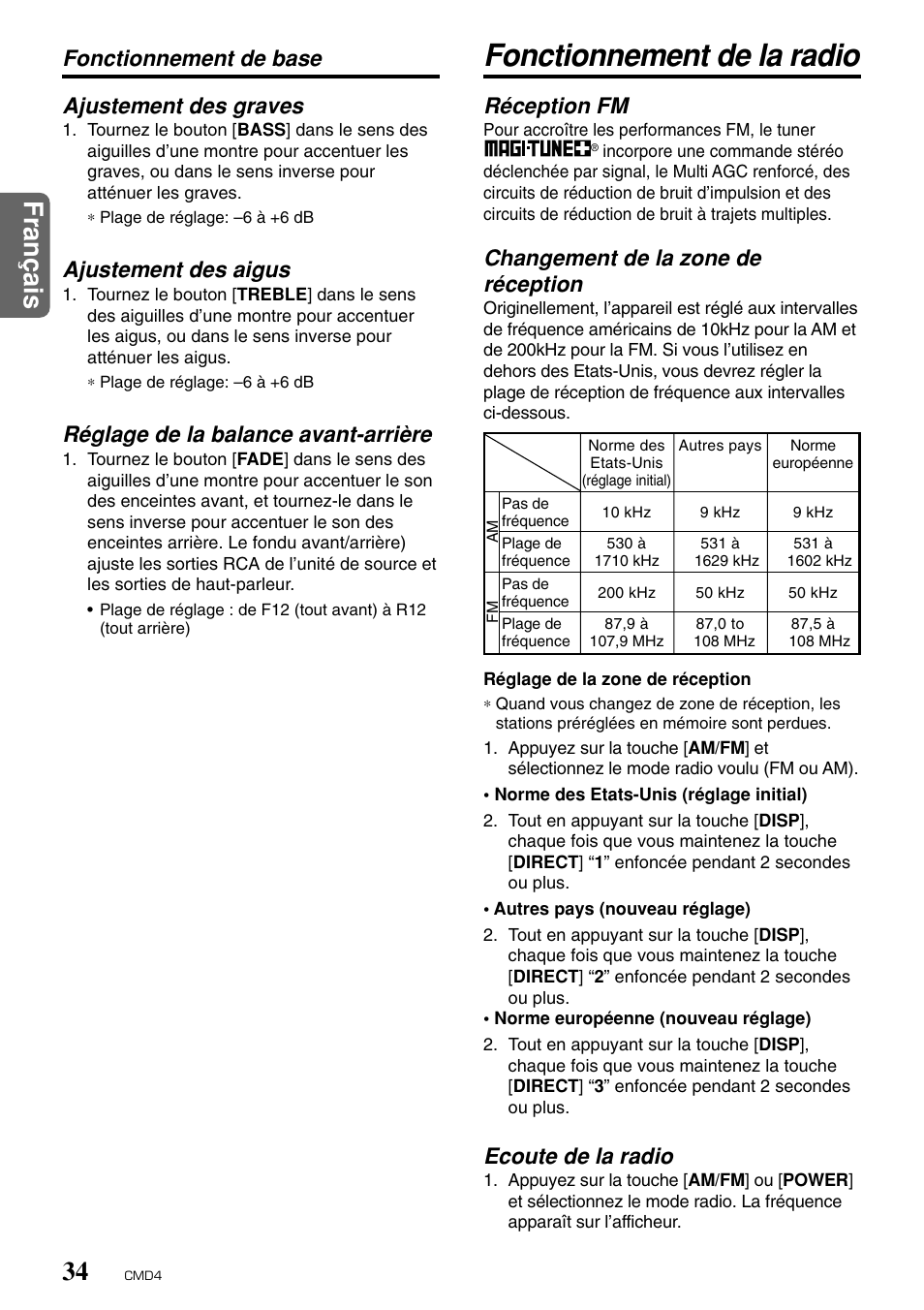 Fonctionnement de la radio, Fran ç ais 34, Réception fm | Changement de la zone de réception, Ecoute de la radio, Ajustement des graves, Ajustement des aigus, Réglage de la balance avant-arrière, Fonctionnement de base | Clarion CMD4 User Manual | Page 35 / 73