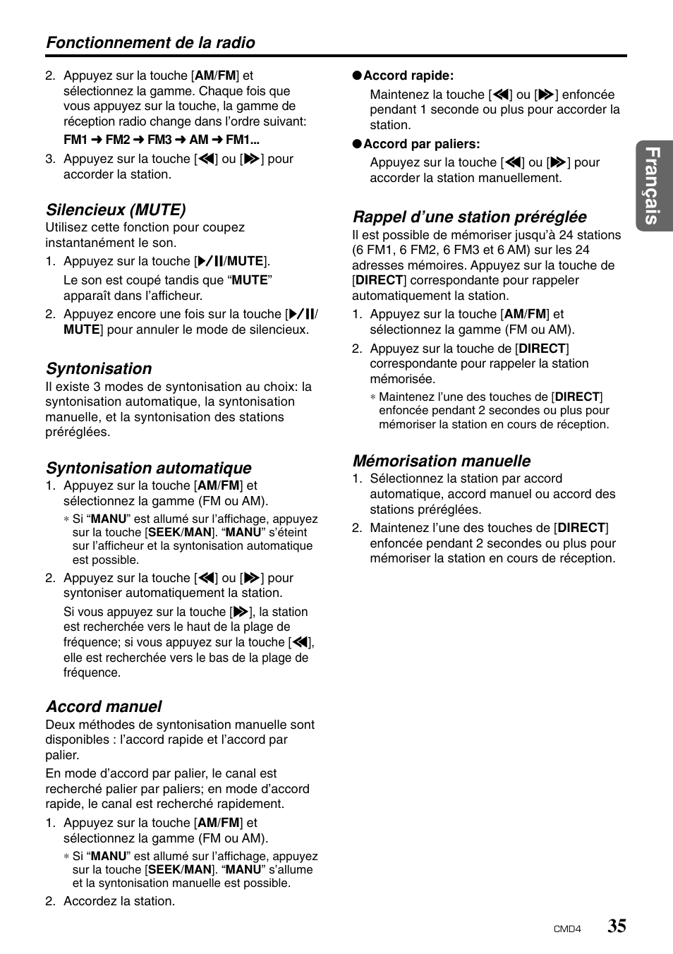 Fran ç ais, Silencieux (mute), Syntonisation | Syntonisation automatique, Accord manuel, Rappel d’une station préréglée, Mémorisation manuelle, Fonctionnement de la radio | Clarion CMD4 User Manual | Page 36 / 73