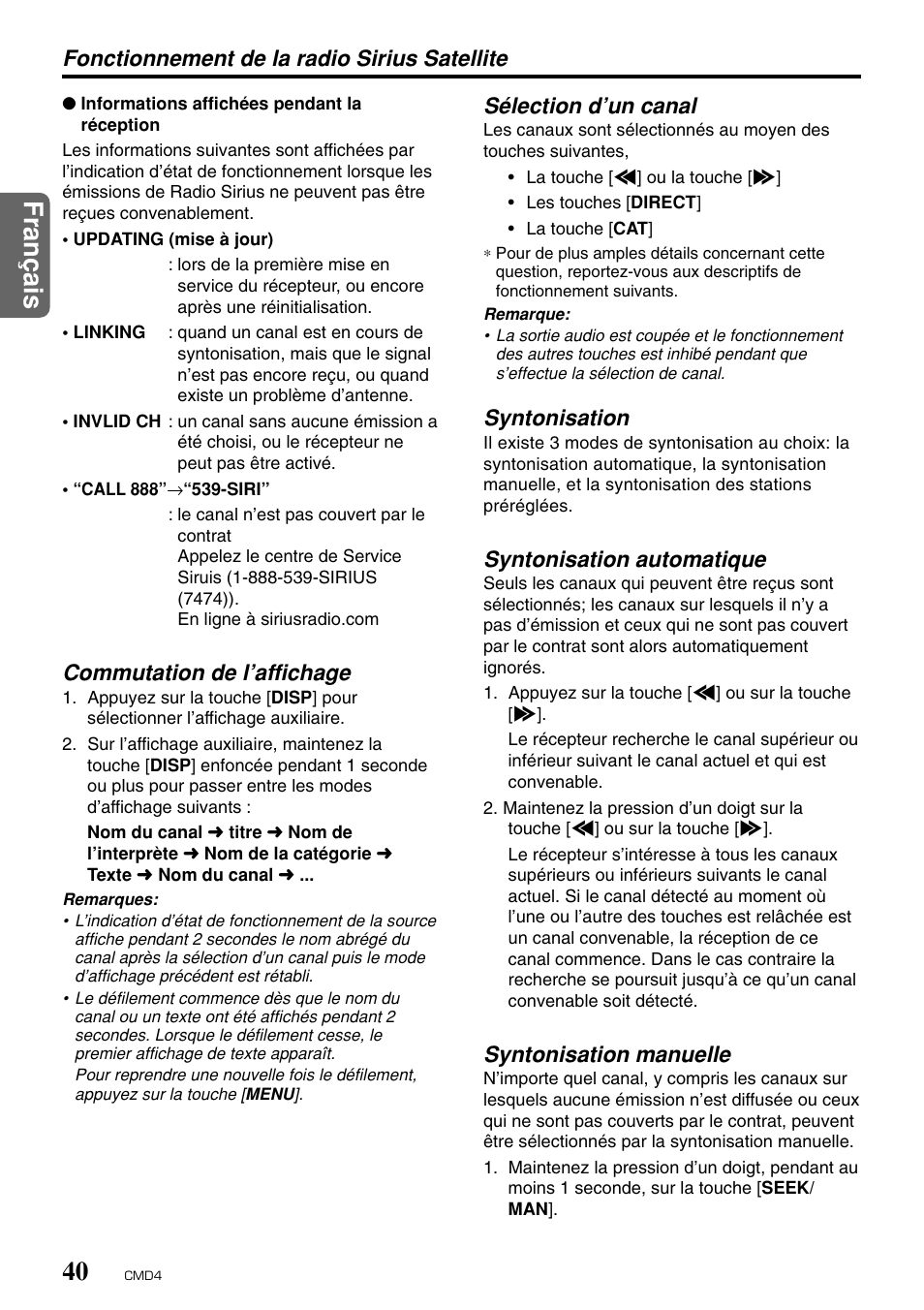 Fran ç ais 40, Commutation de l’affichage, Sélection d’un canal | Syntonisation, Syntonisation automatique, Syntonisation manuelle, Fonctionnement de la radio sirius satellite | Clarion CMD4 User Manual | Page 41 / 73