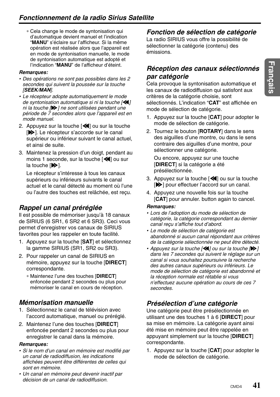 Fran ç ais, Rappel un canal préréglée, Mémorisation manuelle | Fonction de sélection de catégorie, Réception des canaux sélectionnés par catégorie, Présélection d’une catégorie, Fonctionnement de la radio sirius satellite | Clarion CMD4 User Manual | Page 42 / 73