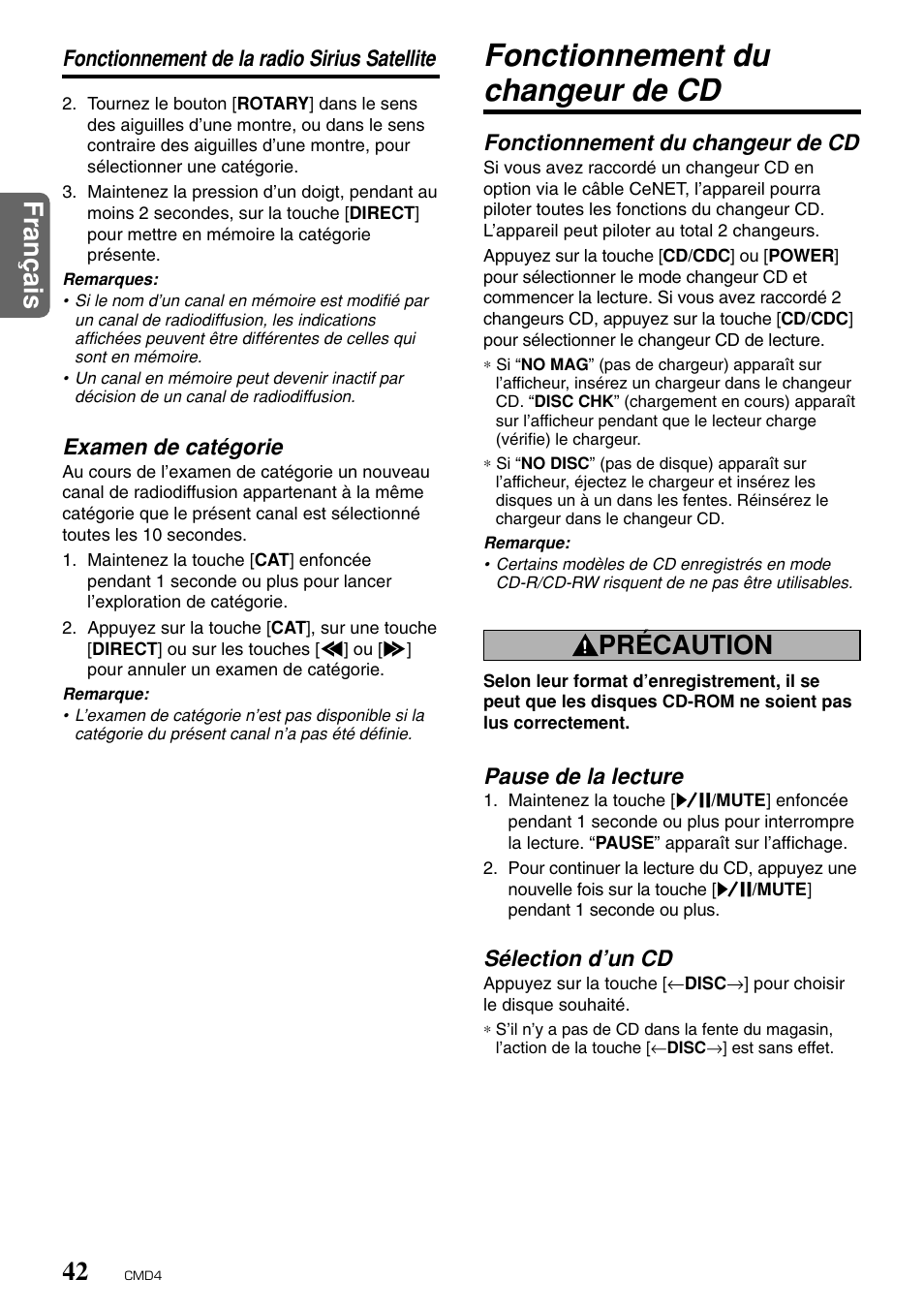 Fonctionnement du changeur de cd, Fran ç ais 42, Précaution | Examen de catégorie, Pause de la lecture, Sélection d’un cd | Clarion CMD4 User Manual | Page 43 / 73
