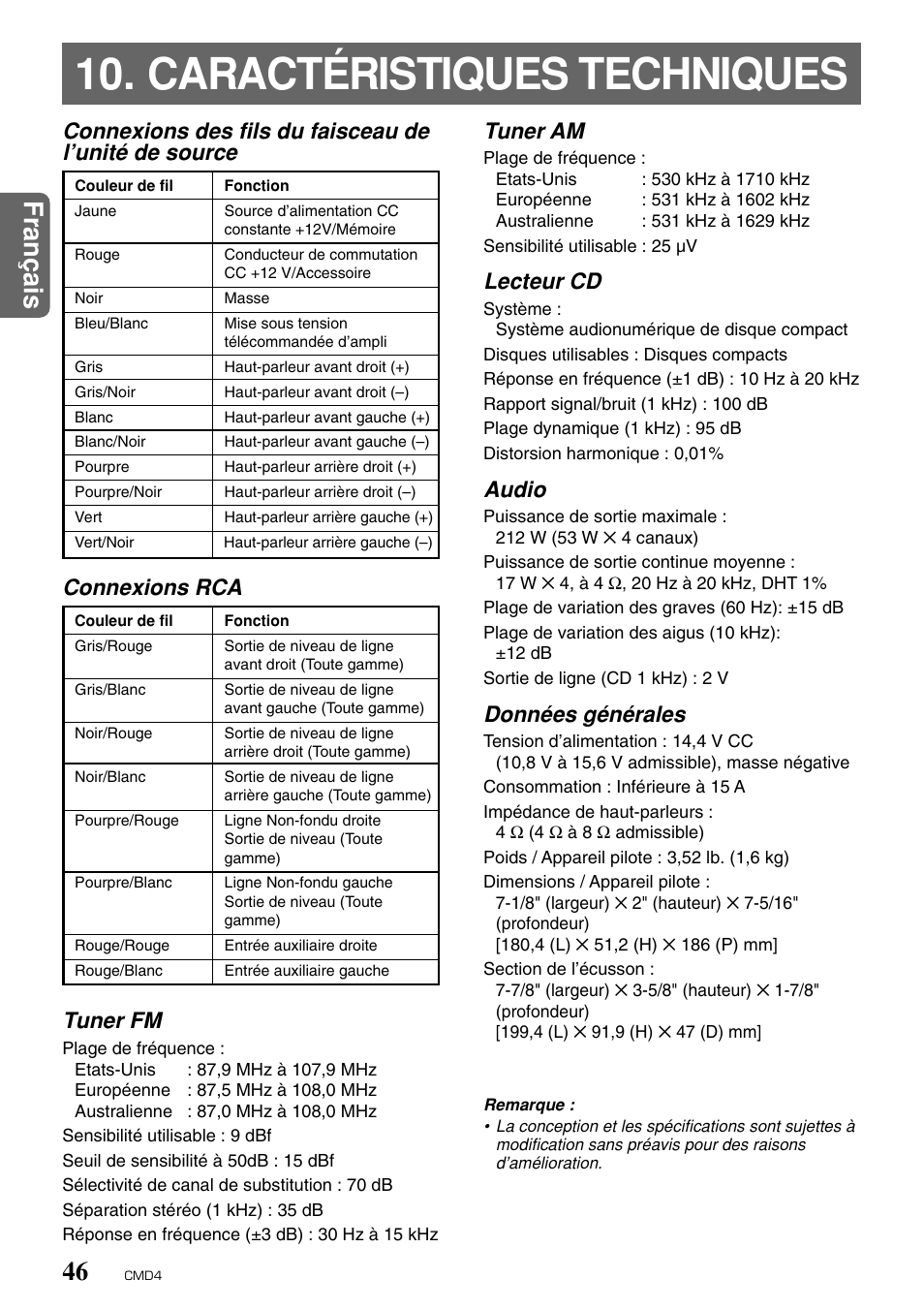 Caractéristiques techniques, Fran ç ais 46, Tuner fm | Tuner am, Lecteur cd, Audio, Données générales | Clarion CMD4 User Manual | Page 47 / 73