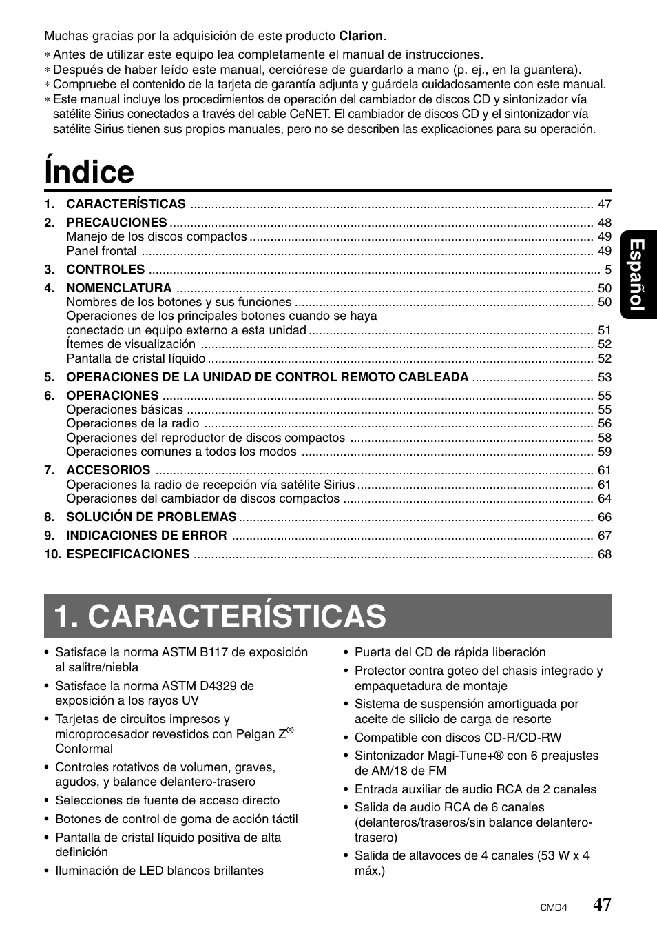 Índice, Características, Español | Clarion CMD4 User Manual | Page 49 / 73