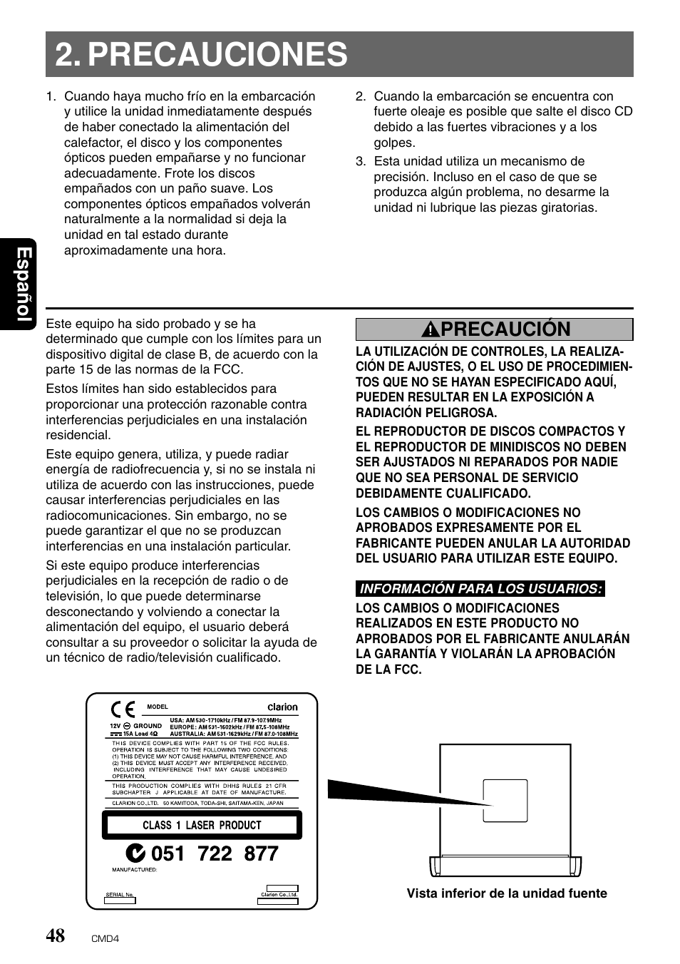 Precauciones, Espa ñ ol 48, Precaución | Clarion CMD4 User Manual | Page 50 / 73