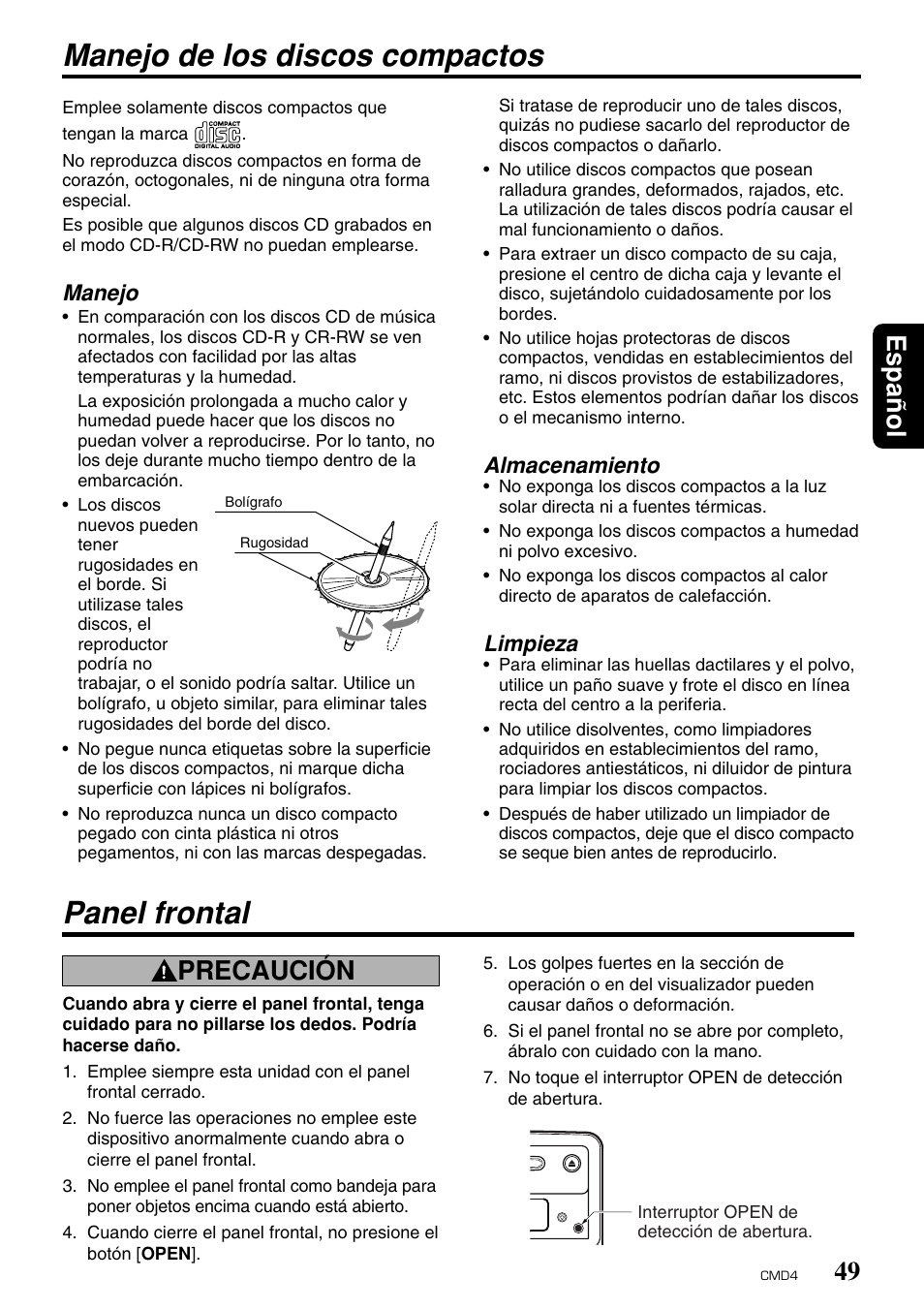 Manejo de los discos compactos, Panel frontal, Espa ñ ol | Precaución, Manejo, Almacenamiento, Limpieza | Clarion CMD4 User Manual | Page 51 / 73