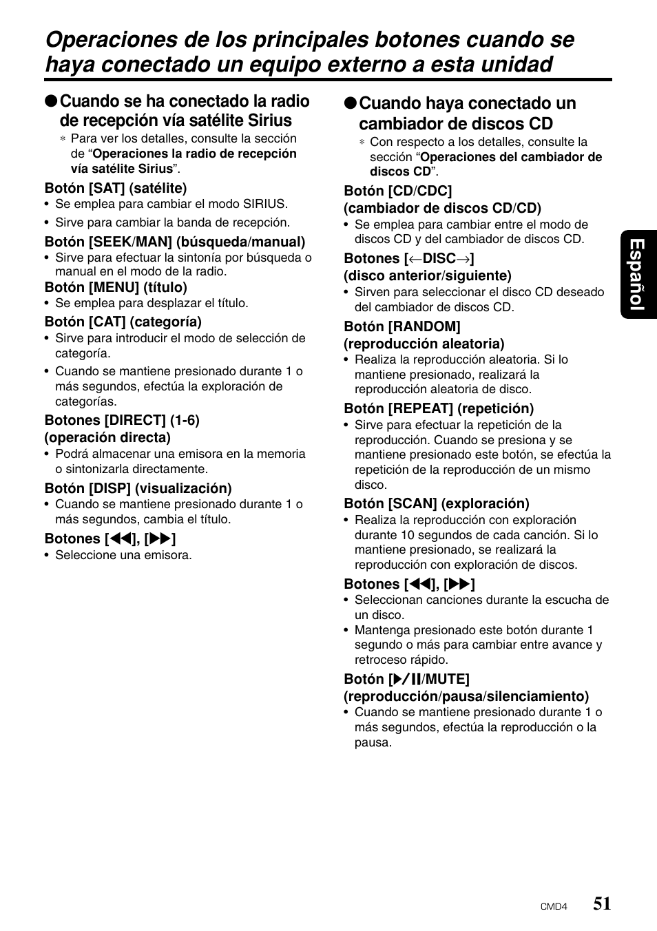 Espa ñ ol, Cuando haya conectado un cambiador de discos cd | Clarion CMD4 User Manual | Page 54 / 73
