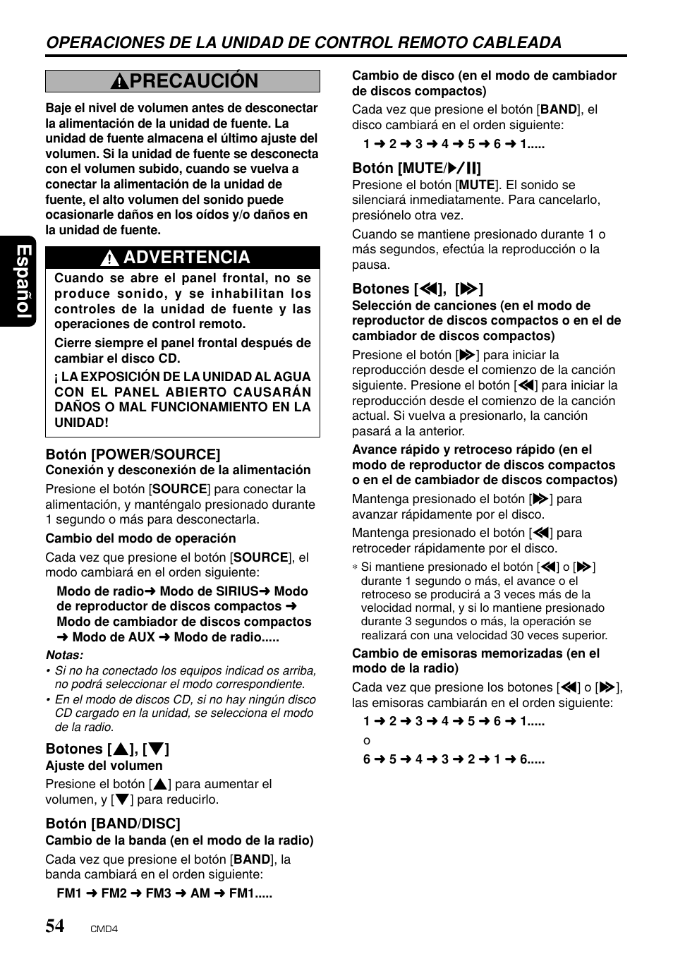 Espa ñ ol 54, Precaución, Advertencia | Clarion CMD4 User Manual | Page 57 / 73
