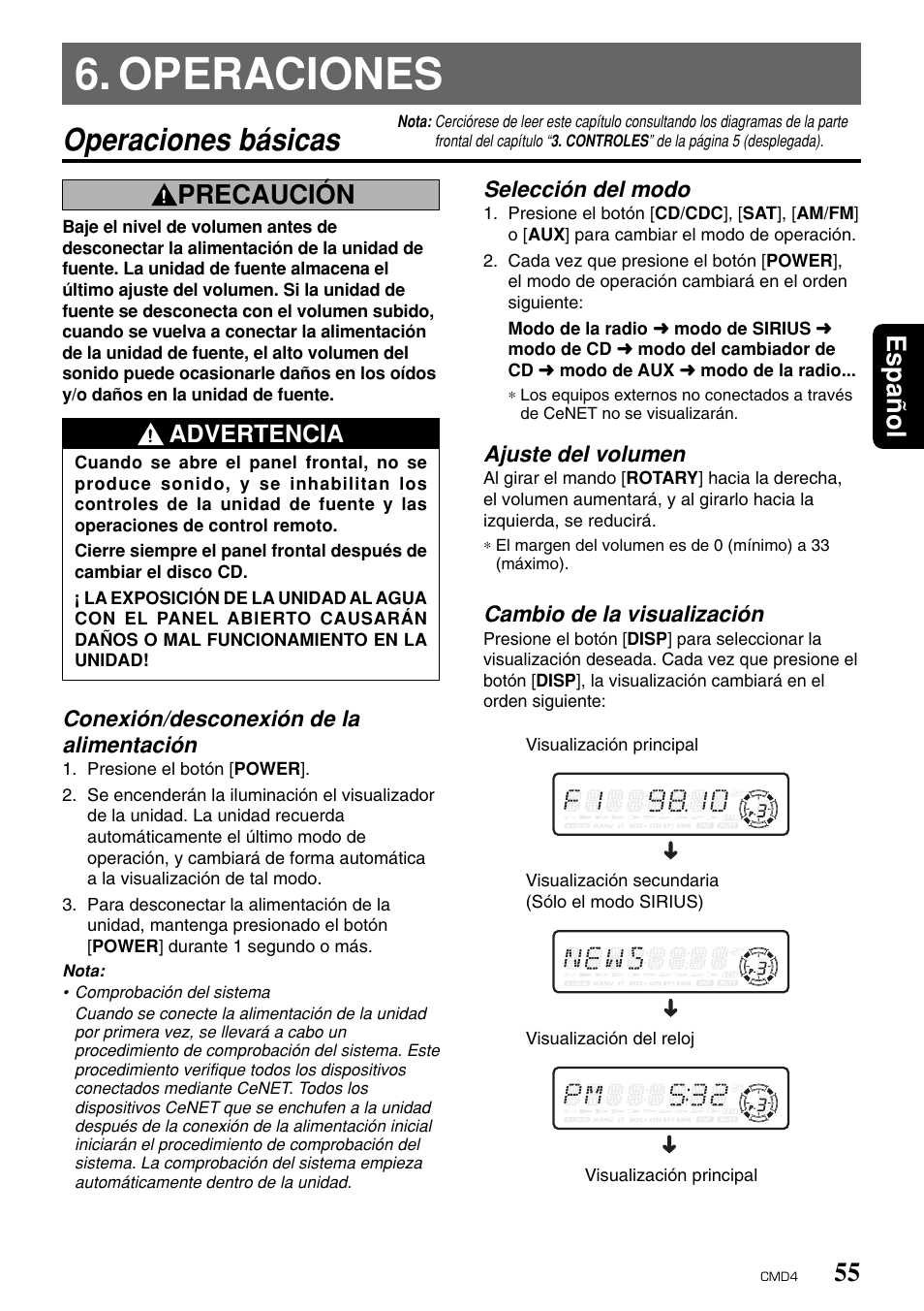 Operaciones, Operaciones básicas, Espa ñ ol | Precaución, Advertencia | Clarion CMD4 User Manual | Page 58 / 73