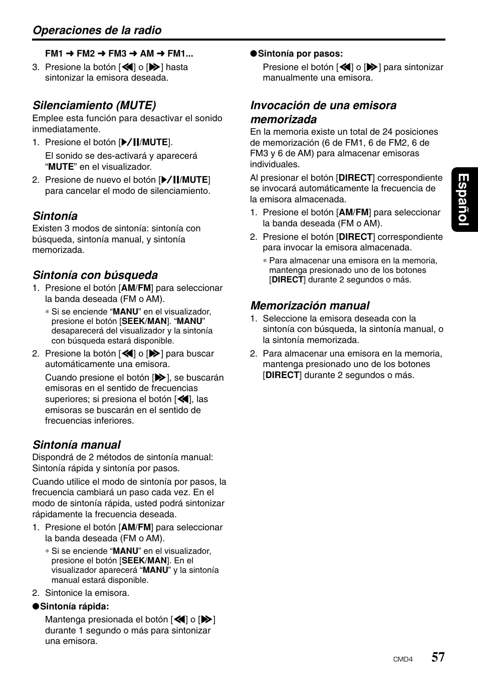 Espa ñ ol, Silenciamiento (mute), Sintonía | Sintonía con búsqueda, Sintonía manual, Operaciones de la radio | Clarion CMD4 User Manual | Page 60 / 73