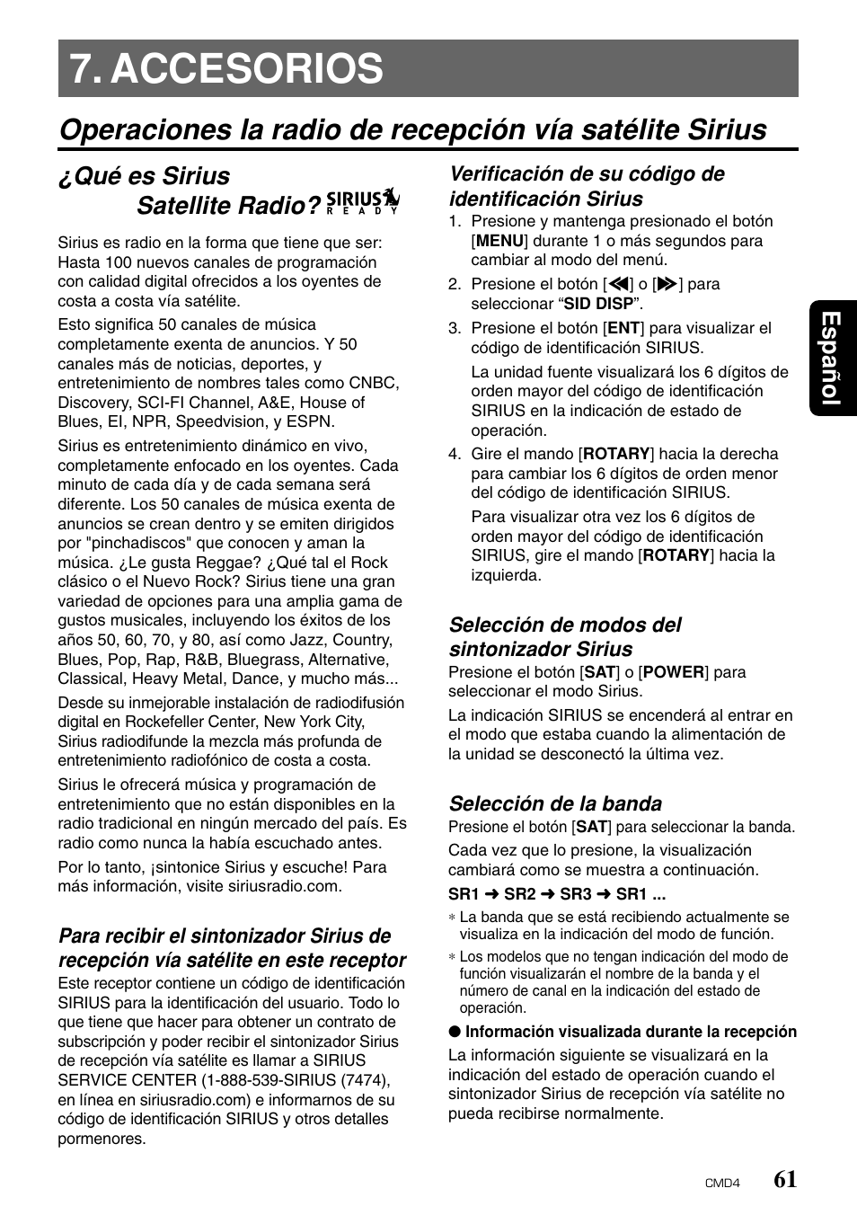 Accesorios, Espa ñ ol, Qué es sirius satellite radio | Clarion CMD4 User Manual | Page 64 / 73