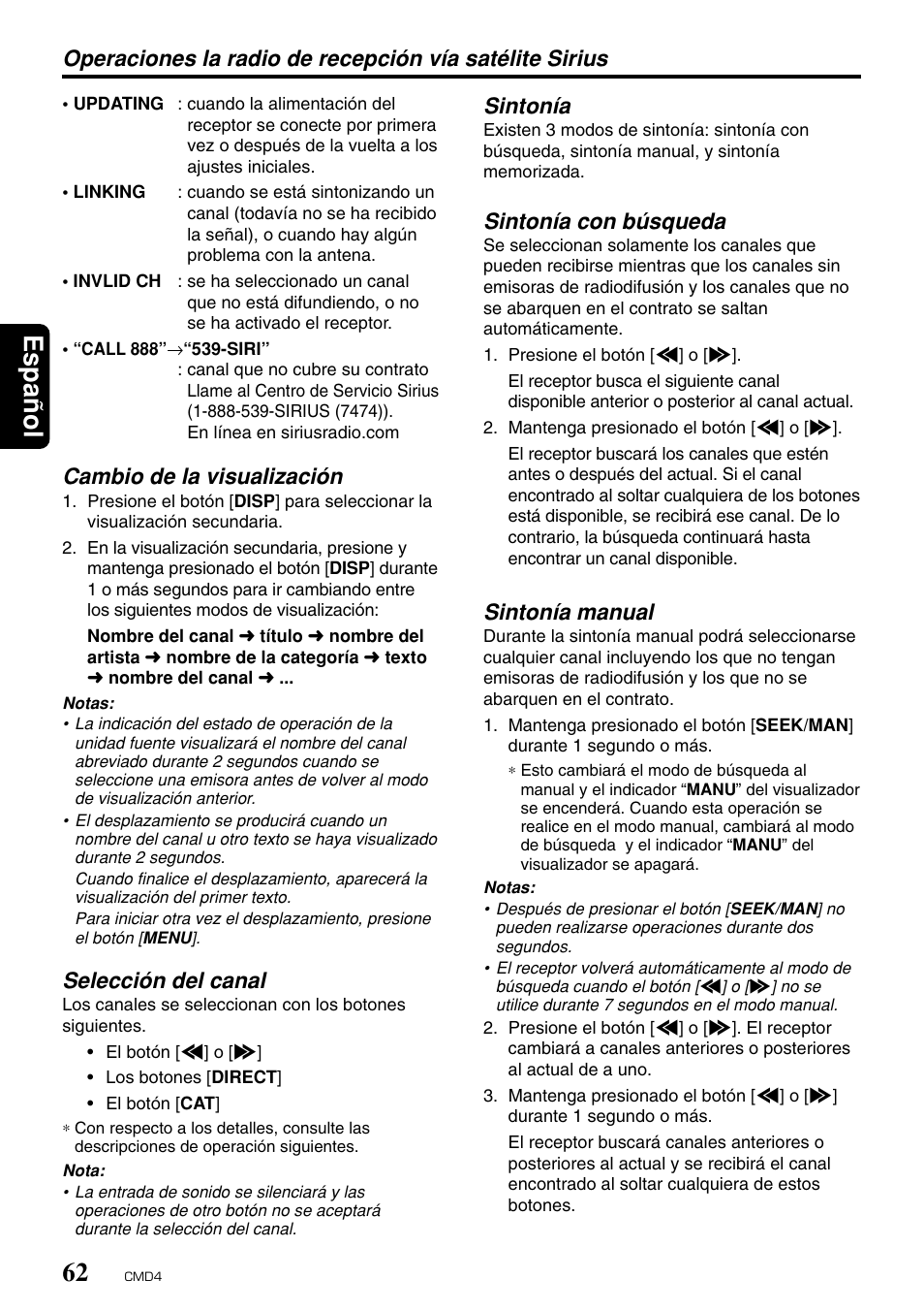 Espa ñ ol 62, Cambio de la visualización, Selección del canal | Sintonía, Sintonía con búsqueda, Sintonía manual | Clarion CMD4 User Manual | Page 65 / 73